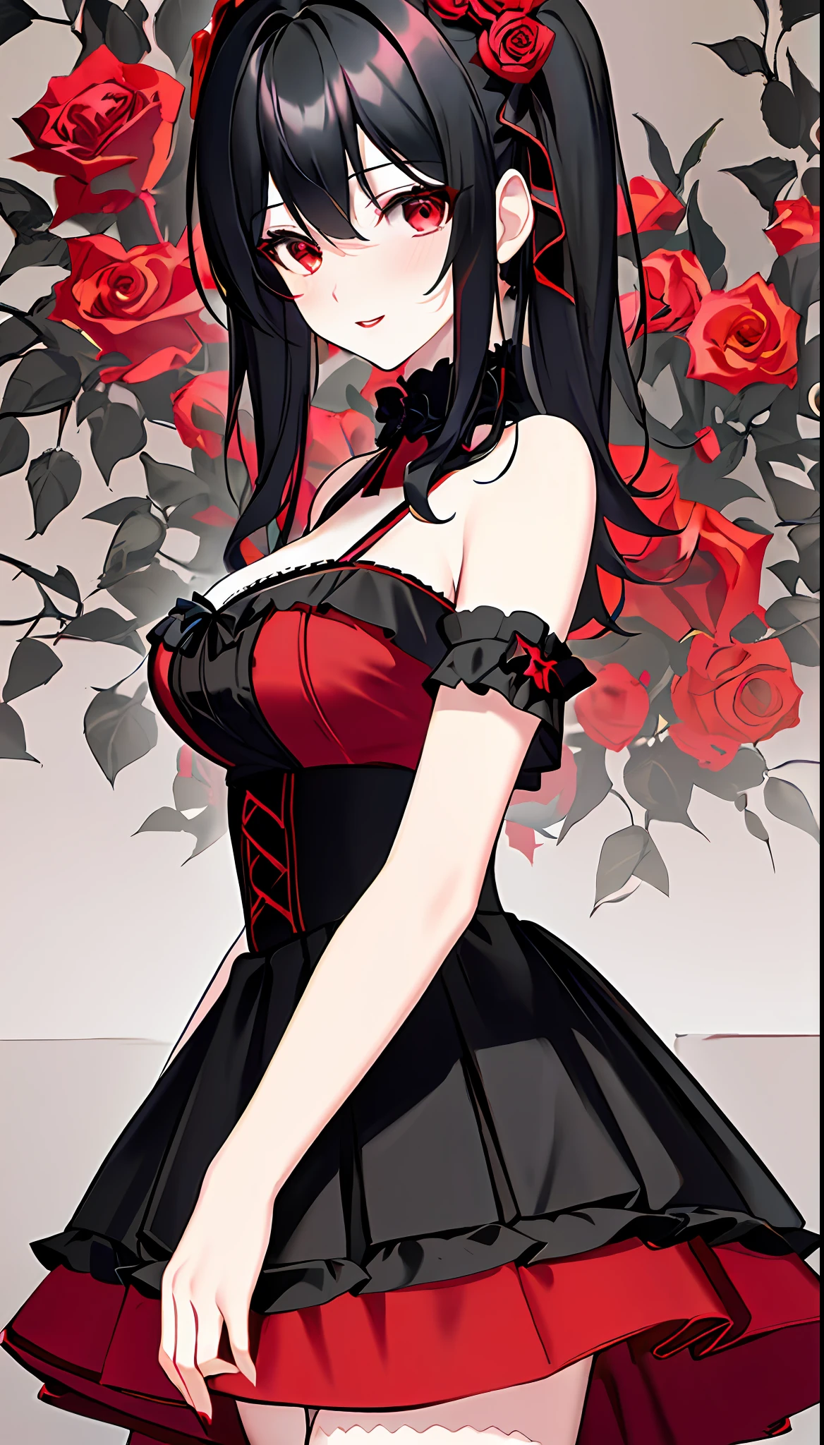 Background plain, 18-year-old beautiful girl, ((Masterpiece)))), (((Best Quality))), ((((Very detailed)))), detailed fingers, illustration, 1 girl, Solo, Odd-eyed, Black hair twin tails, Shoulder out, Wide open chest, Large breasts, mainly red and black, lace pattern on the skirt and cuffs, (Dark Gothic, black skirt fold circle at the bottom of the red skirt, a layer of red skirt underneath , 5 layers stacked, red and black roses on the opposite side of the skirt color), red and black headdress, red and black goth style costume, red skirt, black garter stockings, black shoes, royal elegant pose, KURUMI,