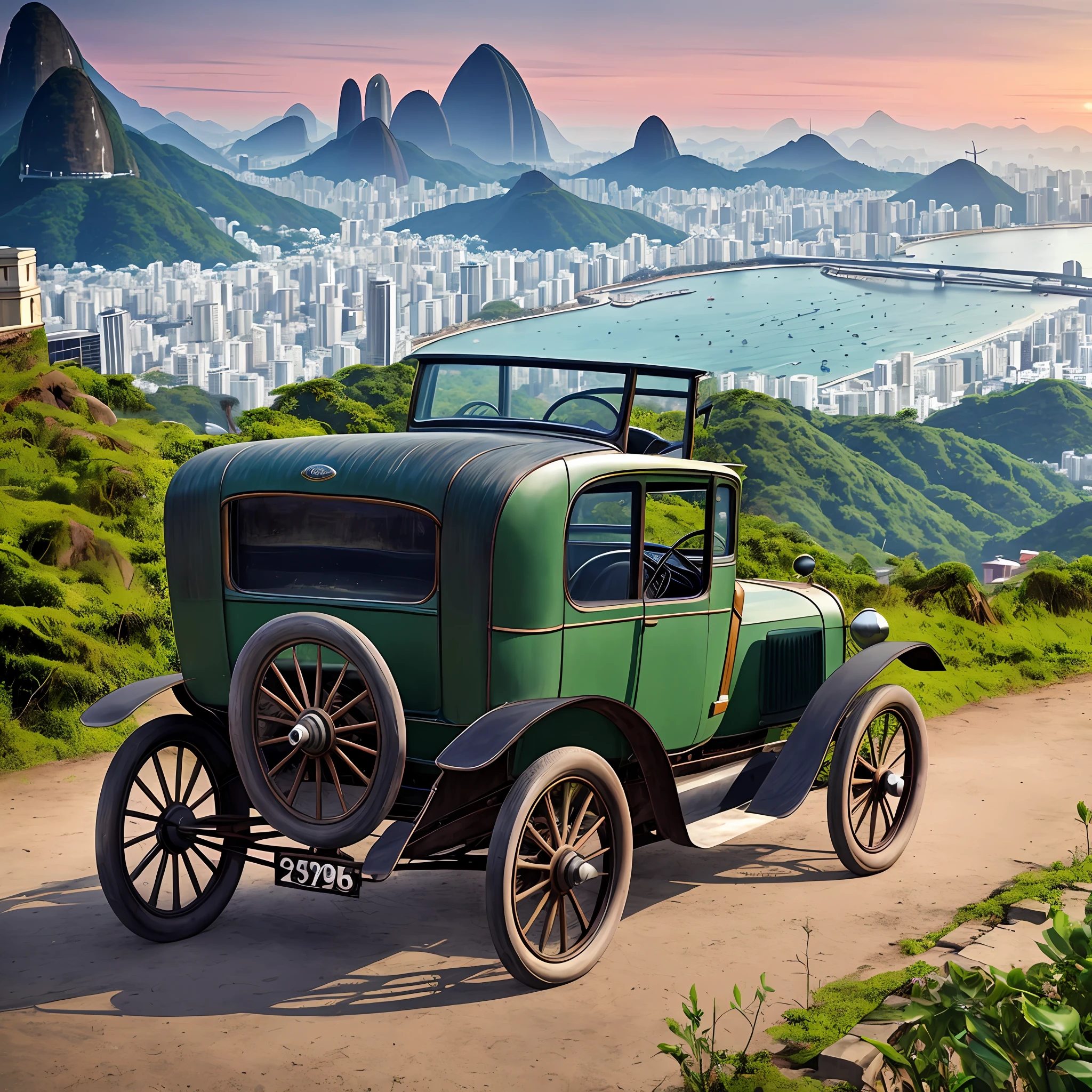 A very very old car Ford 1900, hyper detailed, hyper realistic, hyper sharp, 32k, Rio de Janeiro in background