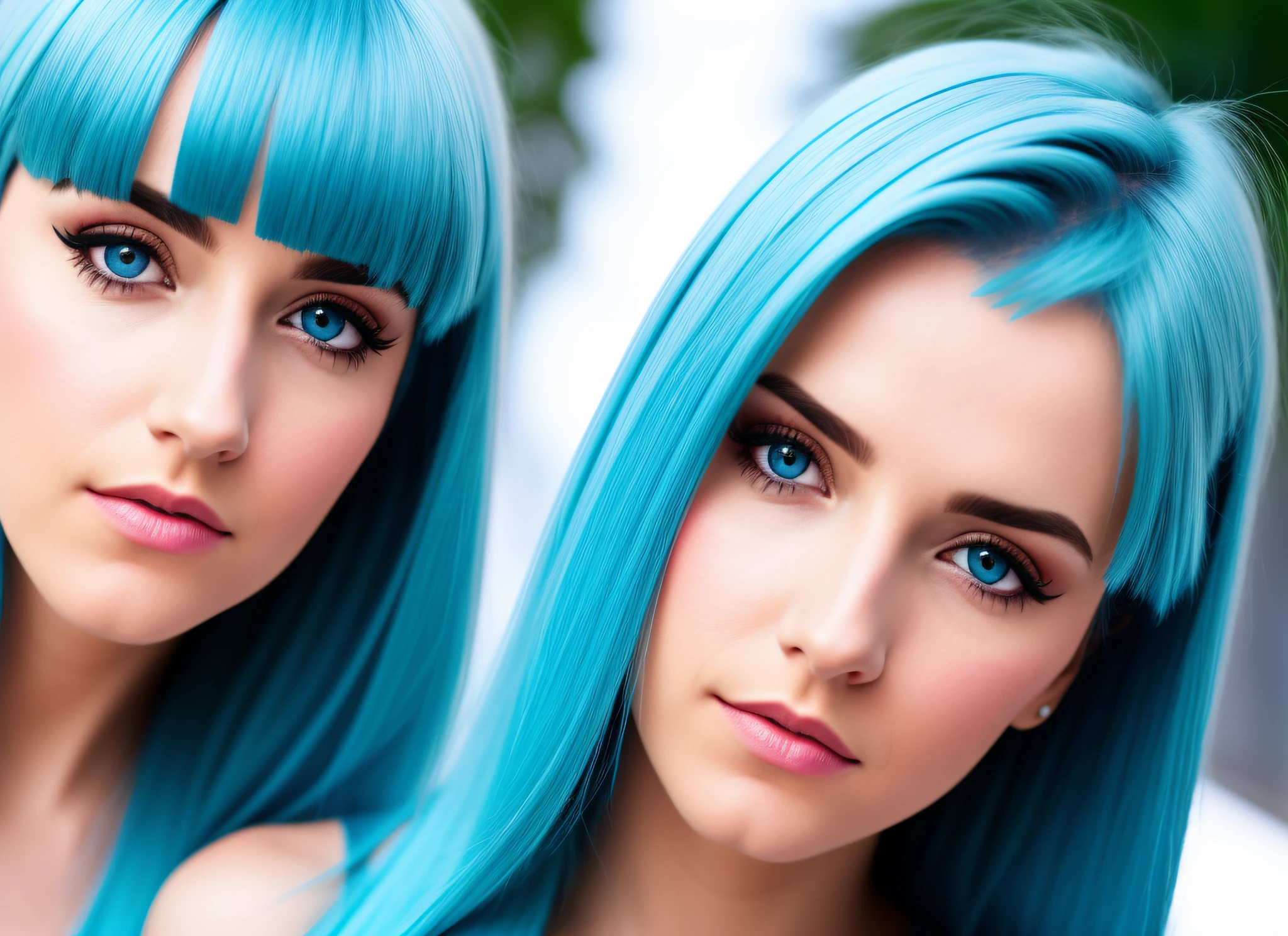 blunt bangs, raised eyebrows, sparkling eyes, light blue hair, tachi-e, three sided view, high detail, stereogram, UHD, UHD, UHD