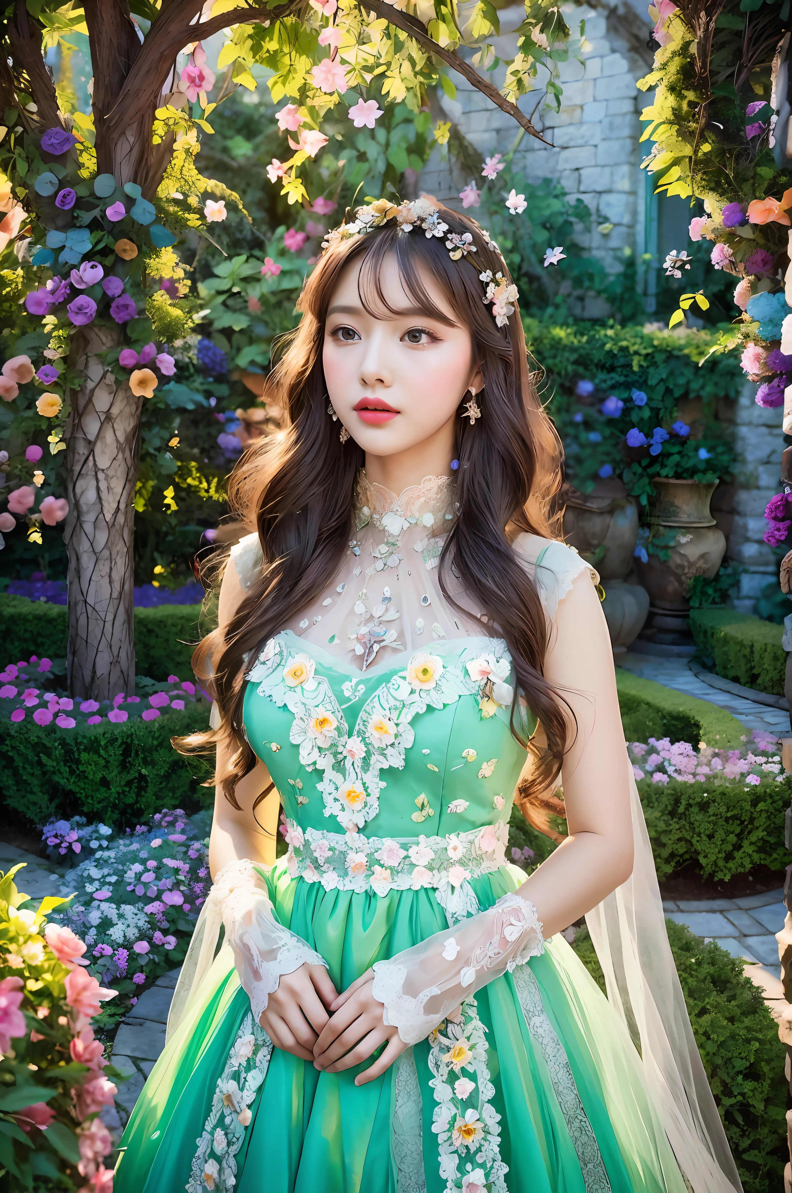 4K, LDR, best quality, masterpiece, high detail, super high resolution, digital photography, bangs, film illumination, (fujifilm color: 1.2) portrait, wide angle view, professional, anatomically correct, fair skin, (photography: 1.2), (dynamic pose: 1.2), (close up: 1.2), 1 girl, detailed face,medium breasts, wide hips, her hair is classic wavy long hair, Genre: whimsical fairytale.
Scene description: In a magical garden filled with blooming flowers and enchanting creatures, a girl stands amidst a vibrant array of colors. She wears an exquisite ballgown with intricate lacework and cascading layers, reminiscent of a fairytale princess. Her hair is adorned with delicate floral accessories, adding to her whimsical appearance. Shot with a medium format camera (medium format camera: 1.2), the image captures the girl’s grace and the enchanting atmosphere of the fairytale garden. The aperture is set to f/2.8, allowing the girl to be the focal point while the dreamy garden serves as a captivating backdrop