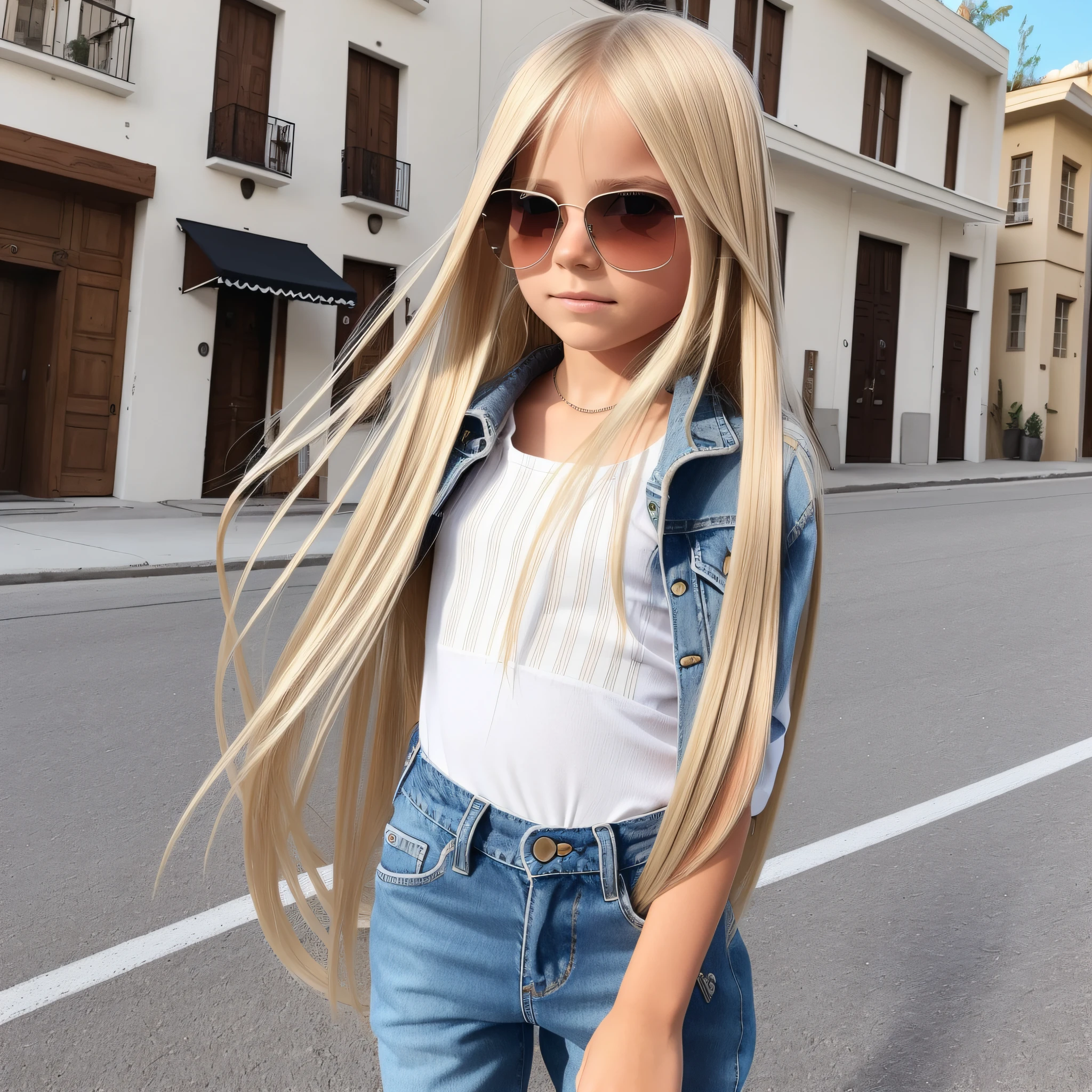 10 year old blonde girl long and straight hair with fashion sunglasses. and fashion jeans. --auto --s2