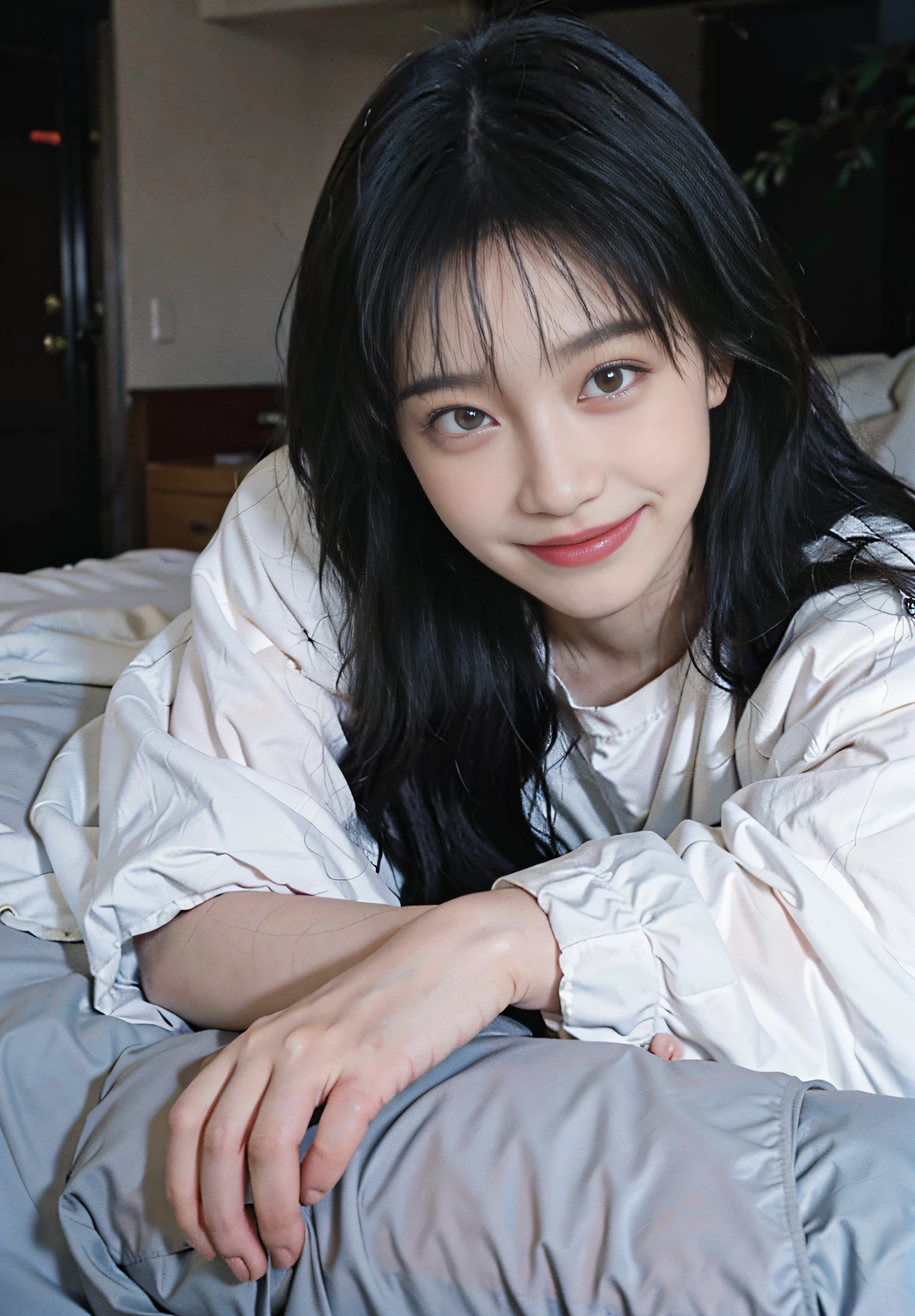 Nikon RAW photo, 8 k, Fujifilm XT3, masterpiece, shirtPink quality, realistic, photorealistic, (lying in bed), (sheets), (lying on pillow), (giggle: 1.1), best quality, (detailed facial features), (eyelashes: 1.1), (depth of field: 1.1), (chromatic aberration: 1.1), (caustics: 1.1) goddess