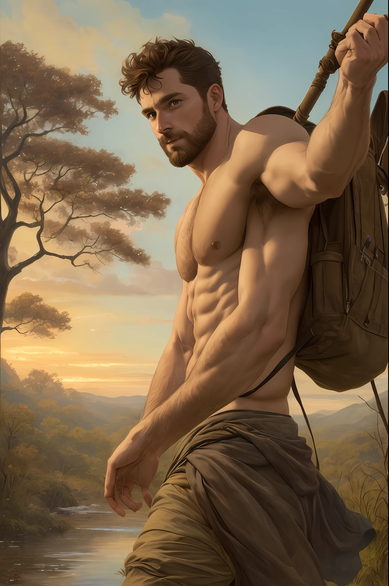 closeup of 1 man, attractive, of Scottish descent, walking in the forest, at sunset, handsome face, with short beard, brown rouoa, beautiful sky, (oil painting), classical art: 0.4, detailed, intricate, (fantasy art), muted color: 0.25, best quality, good anatomy, good composition, good proportions, good design, dynamic pose, good pose, realistic sky, realistic backgrounds, (cinematic), (highest quality, award-winning, masterpiece:1.3), (art by Arthur Rackham:0.5), (((natural colors))), (photorealistic:1.4), ((empty-handed, holding nothing)),