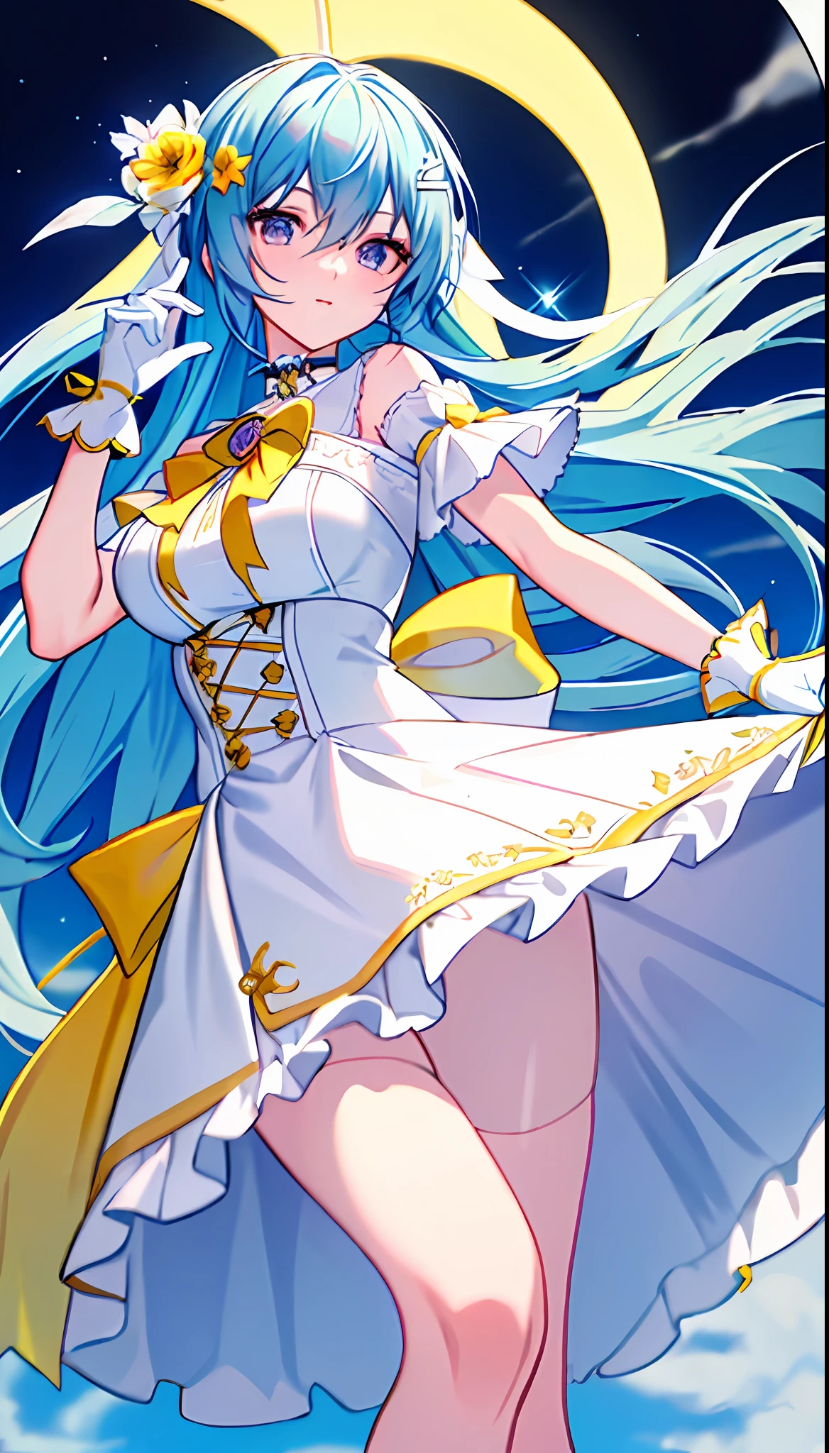 Left-facing, ((((Masterpiece)))), (((Best Quality))), (((Very Detailed))), Detailed Fingers, Illustration, 1 Girl, Solo, Long Sky Blue Hair, Violet Colored Eyes, Flower Hair Ornament, White Feather Hair Ornament, Yellow Moon Hair Ornament, Wide Open Chest, Large Breasts, Large White Ribbon at the Waist, Yellow Idol Dress, With White Flowers, Choker with Yellow Ribbon, White Gloves, White Tights , Yellow Shoes, MIKU, Dynamic Pose,