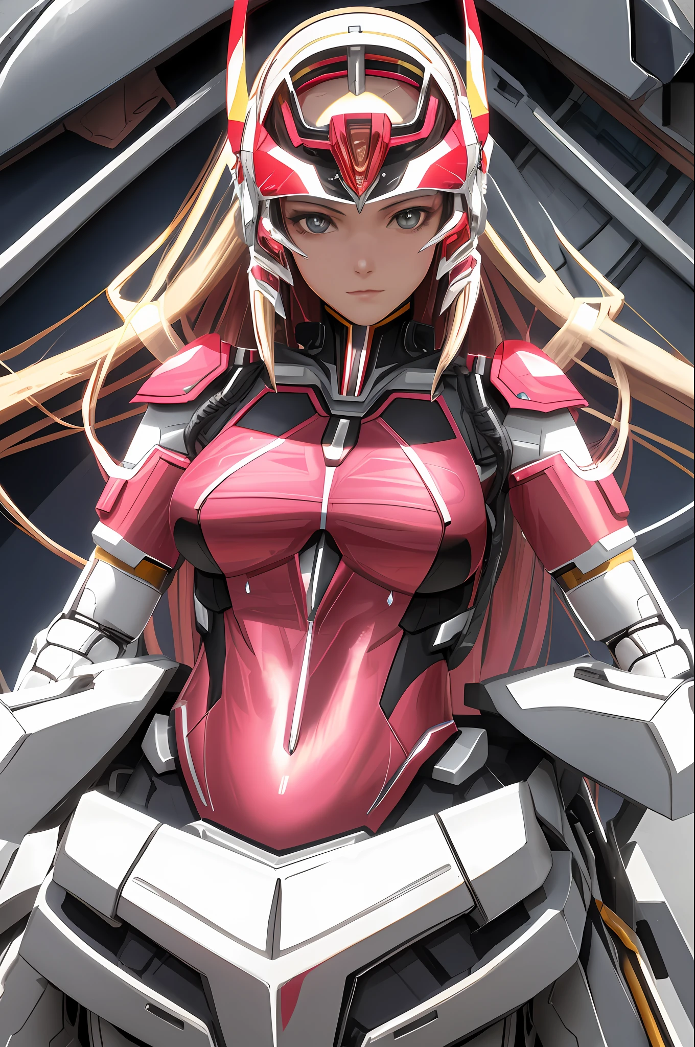 1 Mecha Girl, ((Super Realistic Detail)), Portrait, Global Illumination, Shadows, Octane Rendering, 8K, Super Sharp, Metallic, Complex, Ornamental Detail, Cool Color, Egyptian Detail, Highly Complex Detail, Realistic Light, CGsociety Trend, Glow Eyes, Facing Camera, Neon Detail, Flesh Limbs, White Armor on the Chest, Belly Flesh, Hip White Red Armor, Pink Pattern on the Abdomen, No Helmet, Battle Antenna Decoration on the Forehead, Seated