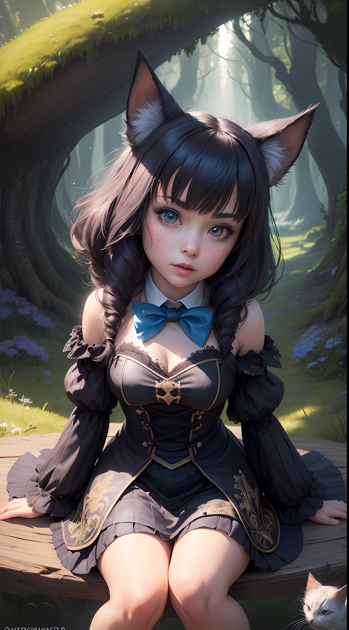 (Cinematic lighting, insane, stunning, dramatic),
Award-winning drawing of cute fluffy black cat in costume and bow tie (sitting:1.1) sexy girl, on a magic toadstool in (enchanted mushroom forest:1.1) in (style-sylvamagic), (intricate details:1.2), beautiful eyes, sunlight, (high quality:1.2), fashionable on artstation, absurd, (close-up:1.1) (side:1.1),Cinematic lighting,spectacular lighting, relaxed facial expressions, solo, shadows, close-up,depth of field in the distance, photorealistic, real life, "Deep blue sky", "Bright colors", "Reduced highlight", "Polished reflections", "Rich landscapes", "Intricate details", "Macro portraits", "Textures close-up", "Macro landscapes", "Long exposures", "Silky sky", "Unearthly landscapes", "Dreamy portraits", (Style-Cat in a bow tie and tailcoat:1),Final Fantasy XVI, Canon EOS 6D Mark, IS...