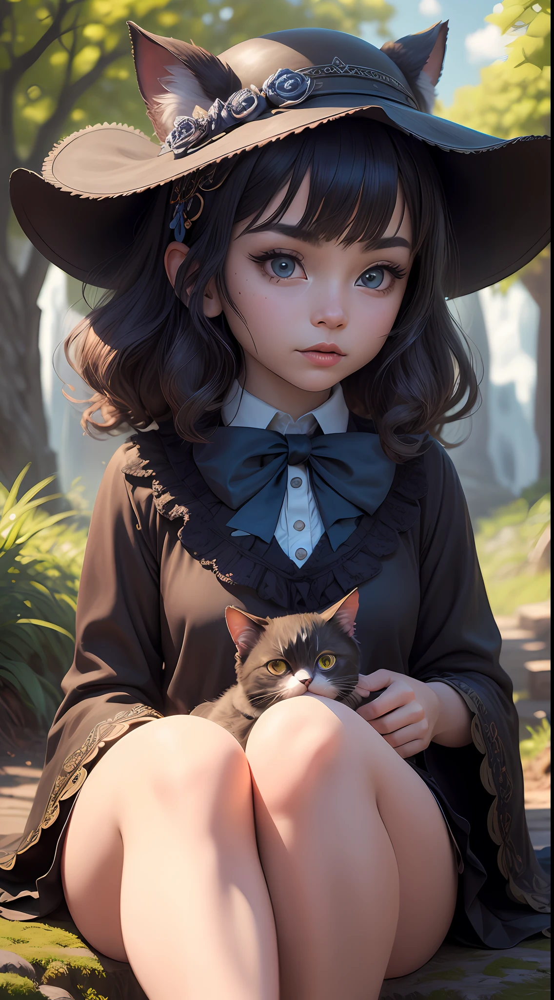 (Cinematic lighting, insane, stunning, dramatic),
Award-winning drawing of cute fluffy black cat in costume and bow tie (sitting:1.1) sexy girl, on a magic toadstool in (enchanted mushroom forest:1.1) in (style-sylvamagic), (intricate details:1.2), beautiful eyes, sunlight, (high quality:1.2), fashionable on artstation, absurd, (close-up:1.1) (side:1.1),Cinematic lighting,spectacular lighting, relaxed facial expressions, solo, shadows, close-up,depth of field in the distance, photorealistic, real life, "Deep blue sky", "Bright colors", "Reduced highlight", "Polished reflections", "Rich landscapes", "Intricate details", "Macro portraits", "Textures close-up", "Macro landscapes", "Long exposures", "Silky sky", "Unearthly landscapes", "Dreamy portraits", (Style-Cat in a bow tie and tailcoat:1),Final Fantasy XVI, Canon EOS 6D Mark, IS...