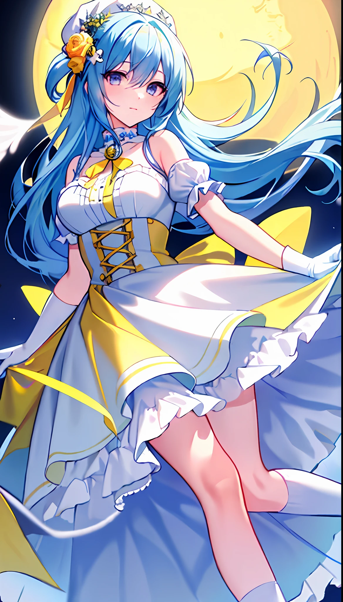 Left-facing, ((((Masterpiece)))), (((Best Quality))), (((Very Detailed))), Detailed Fingers, Illustration, 1 Girl, Solo, Long Sky Blue Hair, Violet Colored Eyes, Flower Hair Ornament, White Feather Hair Ornament, Yellow Moon Hair Ornament, Wide Open Chest, Large Breasts, Large White Ribbon at the Waist, Yellow Idol Dress, With White Flowers, Choker with Yellow Ribbon, White Gloves, White Tights , Yellow Shoes, MIKU, Dynamic Pose,