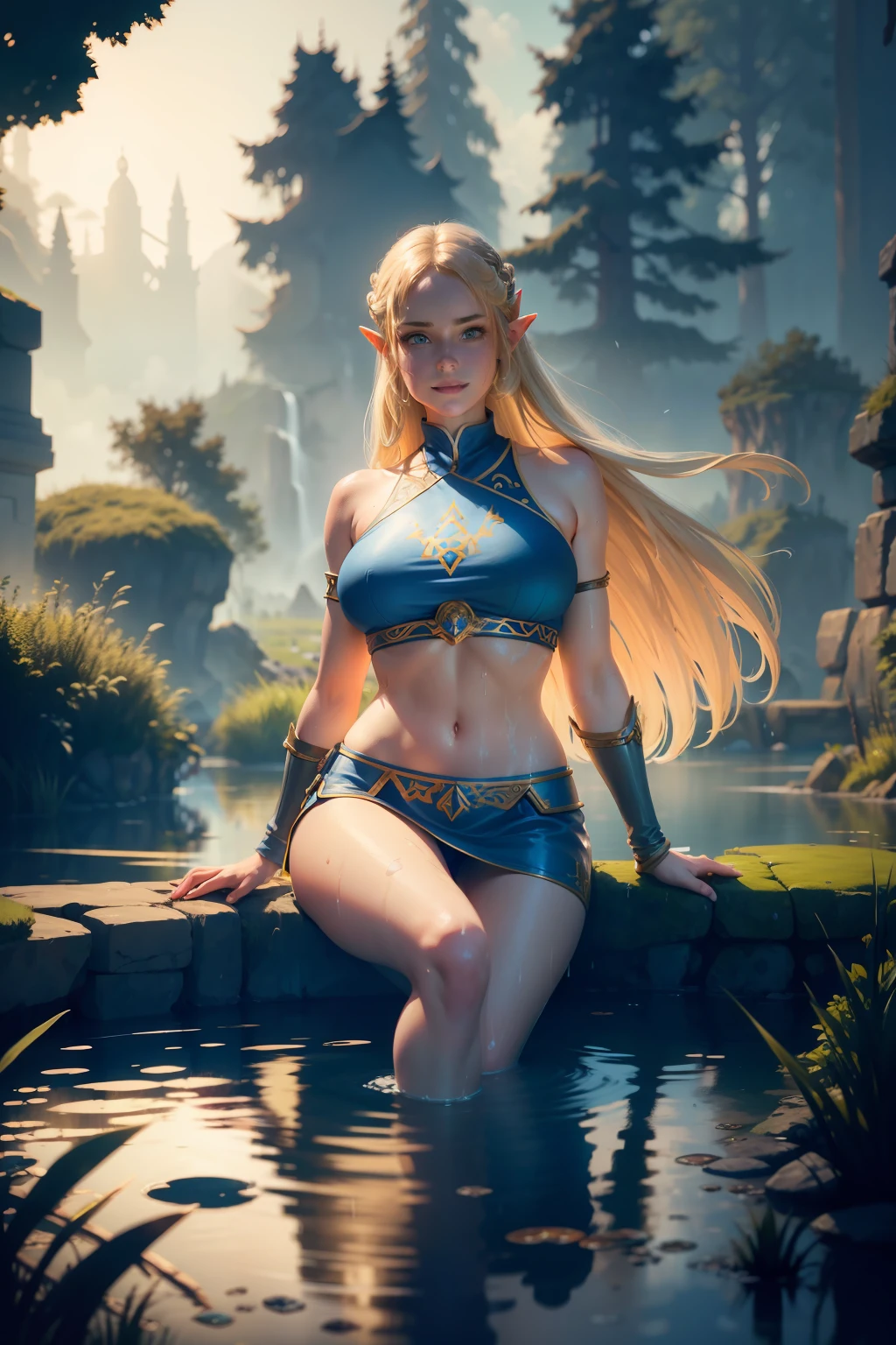 princess zelda, masterpiece, full body, 1girl, (solo:1.5), best quality, blue eyes, blonde hair, smile, large breasts, bangs, looking at viewer, smile, closed mouth, water drops, floating sweat, wet, drenched, lying in a pond, legs, apart, ultra detailed fantasy environment, [mountains:forest:0.3], hyper realism, 8k, clearly worked out detail, intricate, cinematic, masterpiece