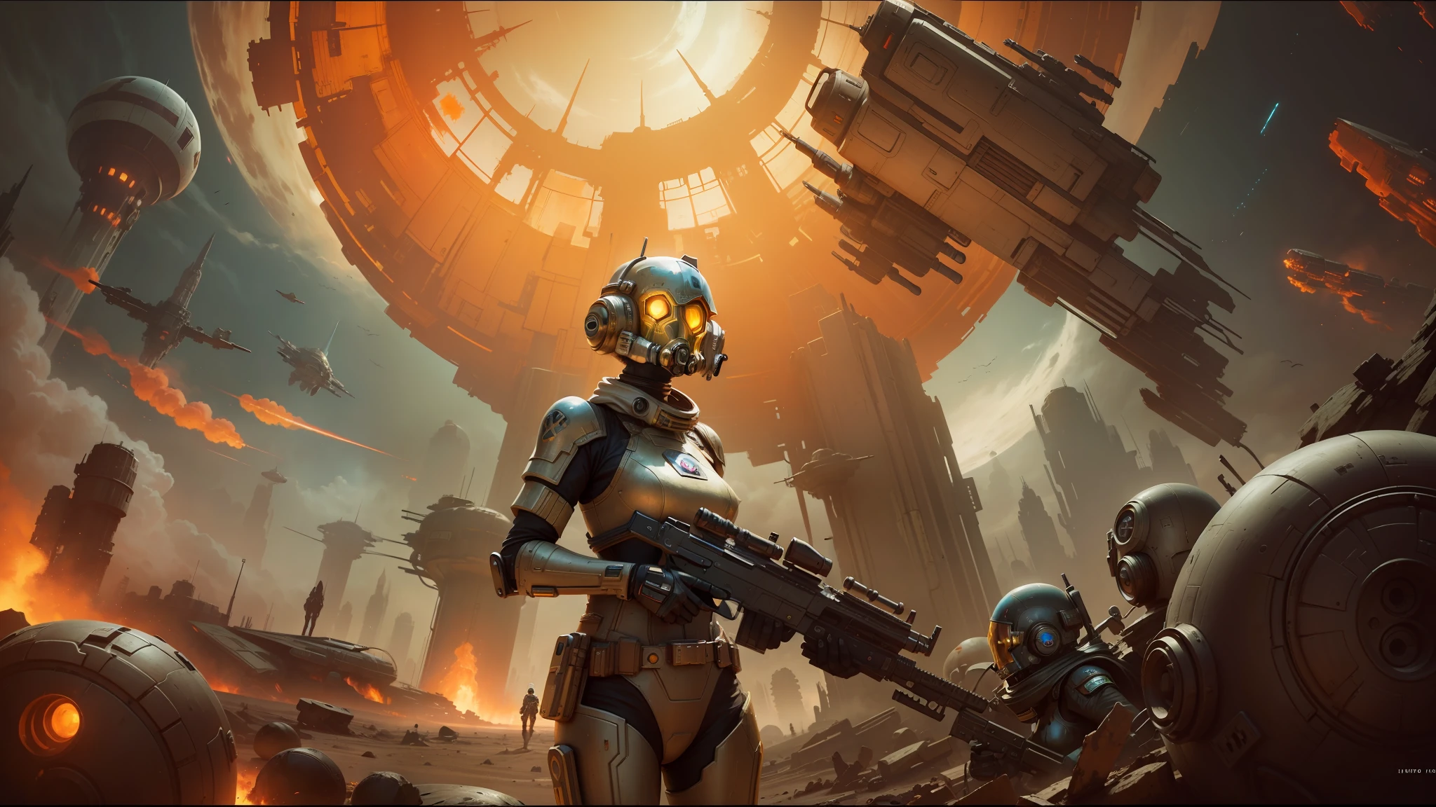 there is a woman holding a gun in front of a spaceship, ruined empire on the background, official character art, zombie from doom eternal, orianna, painting of c - 3 p 0, inspired by Sargent Johnson, heaven planet in background, juno promotional image, full helmet