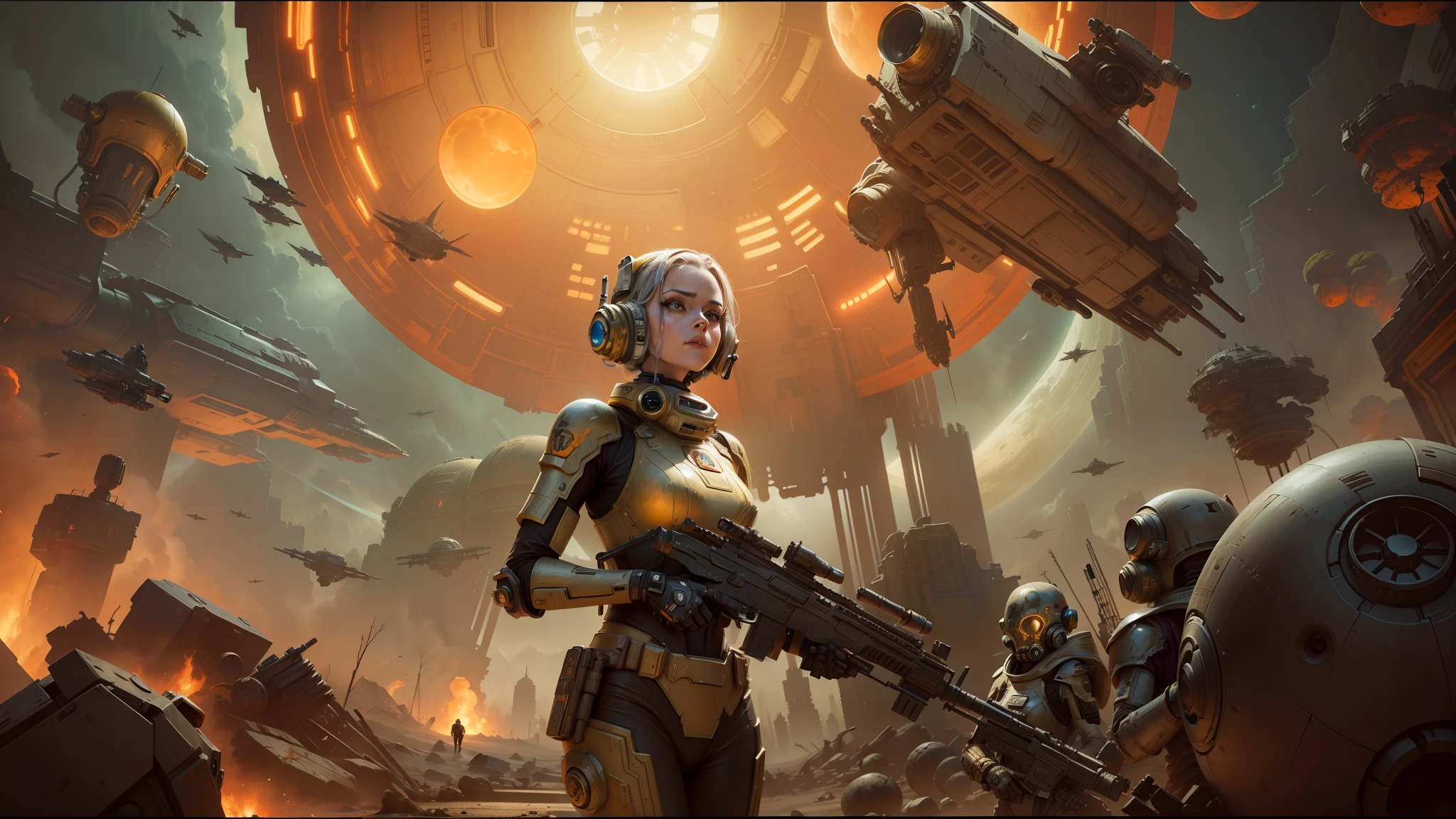there is a woman holding a gun in front of a spaceship, ruined empire on the background, official character art, zombie from doom eternal, orianna, painting of c - 3 p 0, inspired by Sargent Johnson, heaven planet in background, juno promotional image, full helmet