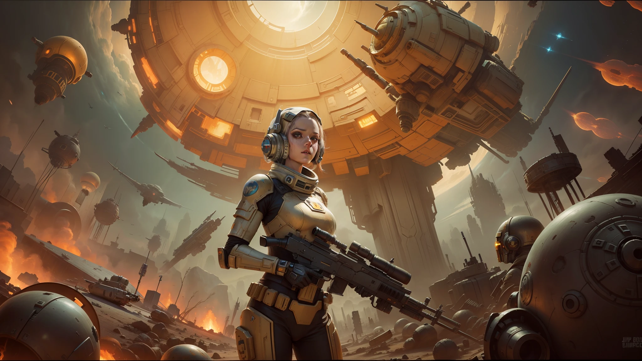 there is a woman holding a gun in front of a spaceship, ruined empire on the background, official character art, zombie from doom eternal, orianna, painting of c - 3 p 0, inspired by Sargent Johnson, heaven planet in background, juno promotional image, full helmet