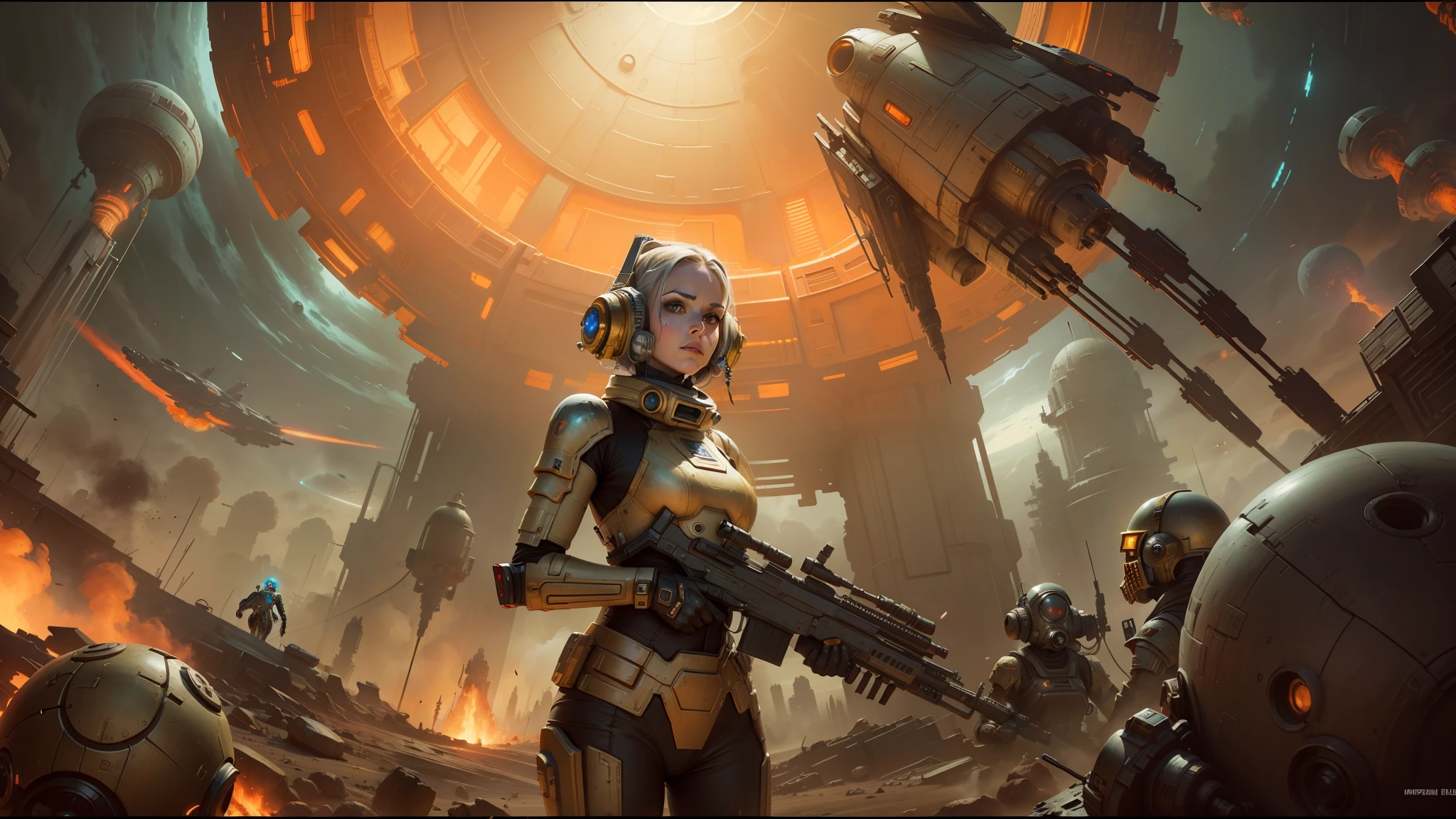 there is a woman holding a gun in front of a spaceship, ruined empire on the background, official character art, zombie from doom eternal, orianna, painting of c - 3 p 0, inspired by Sargent Johnson, heaven planet in background, juno promotional image, full helmet