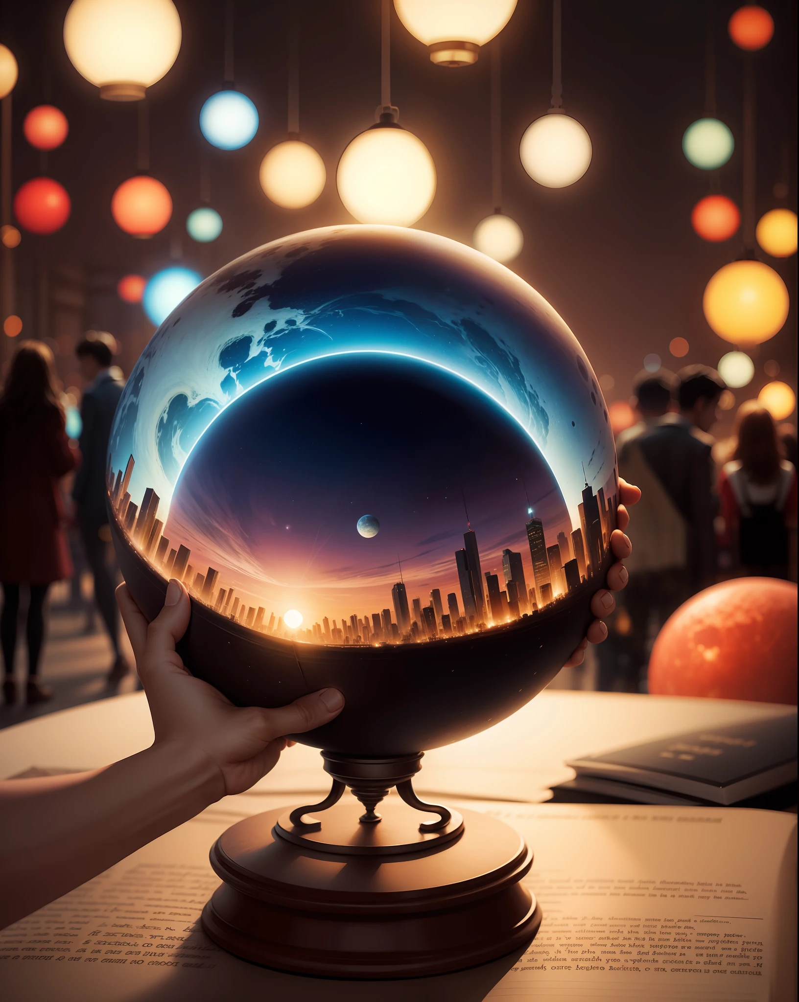 Two hands holding an open book, out of the book came out a planet shaped like a lamp, city background with people, blurred background, realistic image.