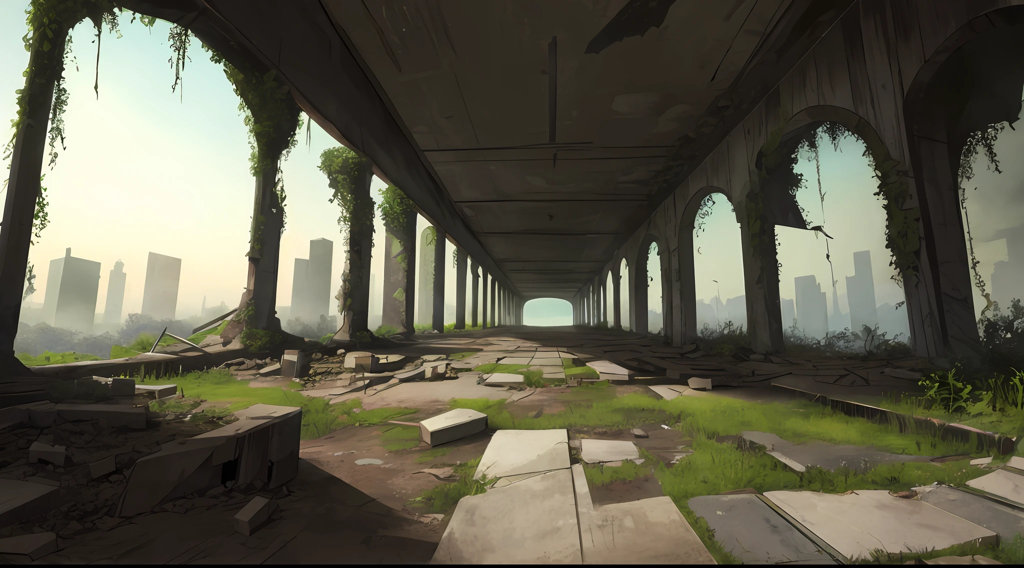 Landscape, Landscape, No Man, Architecture, Wide Angle Lens, Semi-Realism, Masterpiece, Ultra Detail, Absurd, Dynamic Lighting, Post-Apocalypse, Collapse, Dusty, Overgrown, Asphalt, Ruins