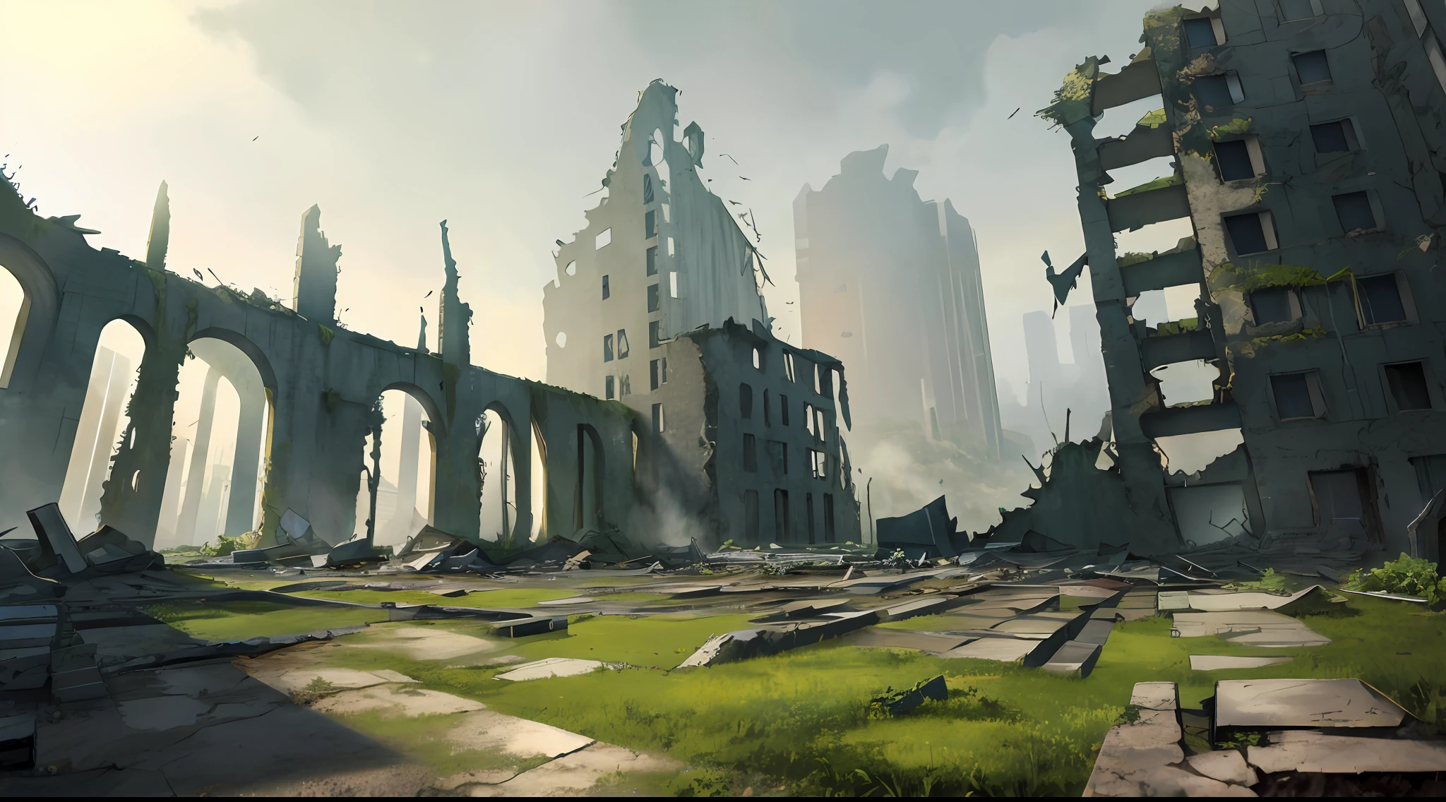 Landscape, Landscape, No Man, Architecture, Wide Angle Lens, Semi-Realism, Masterpiece, Ultra Detail, Absurd, Dynamic Lighting, Post-Apocalypse, Collapse, Dusty, Overgrown, Asphalt, Ruins