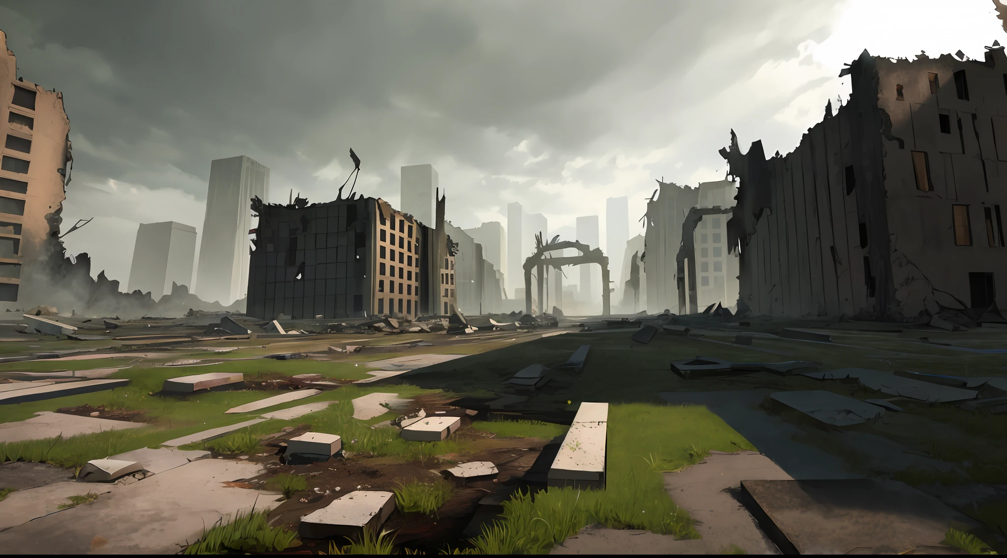 Landscape, Landscape, No Man, Architecture, Wide Angle Lens, Semi-Realism, Masterpiece, Ultra Detail, Absurd, Dynamic Lighting, Post-Apocalypse, Collapse, Dusty, Overgrown, Asphalt, Ruins