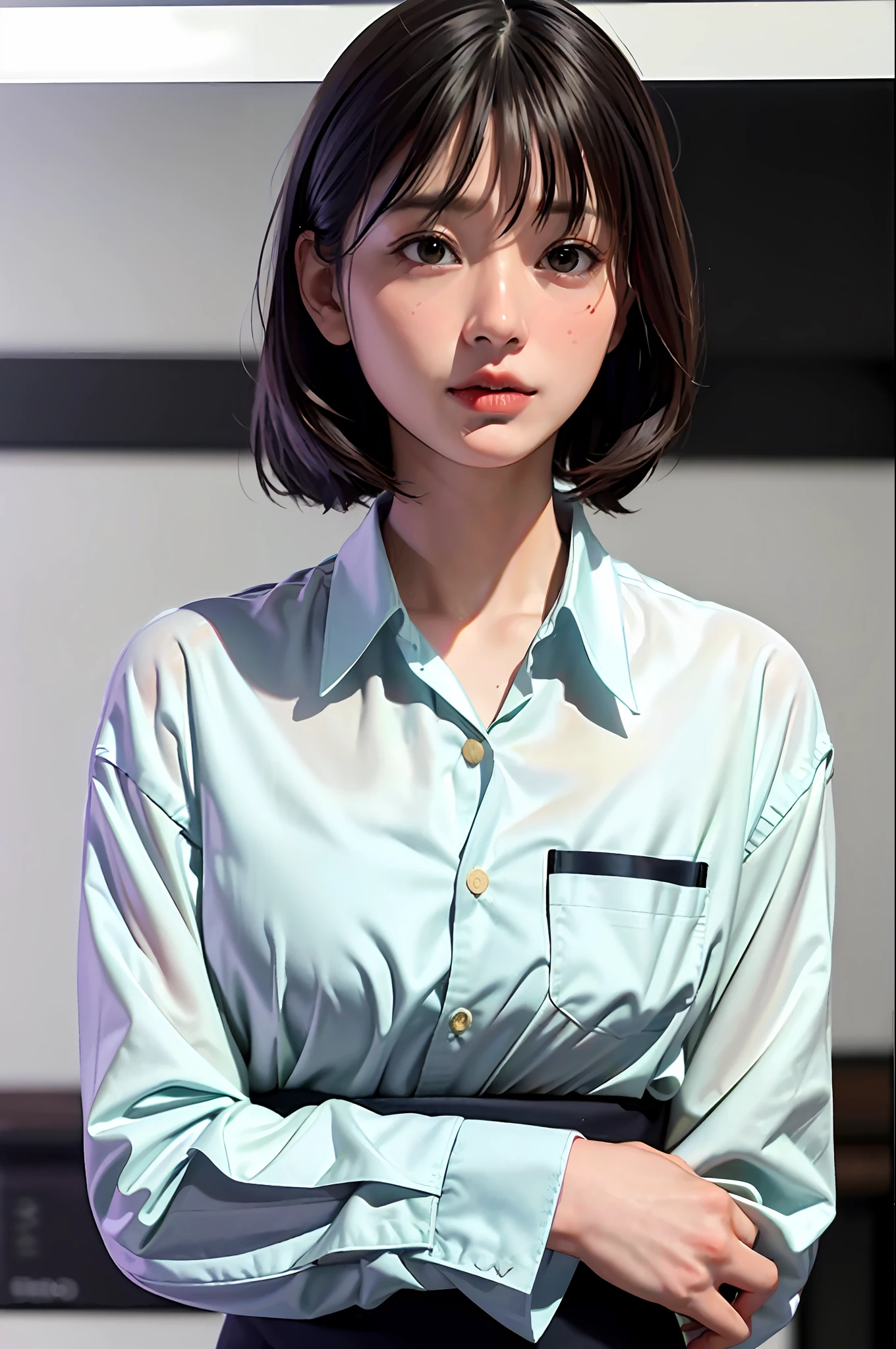 masterpiece, best quality, (dark photo: 1.3), photorealistic, 1girl, flat bangs, stunning innocent symmetrical face, shirt, emotional, orchan, (PureErosFace_V1:0.7), nikkei average, trading board, stock index, bill, marunouchi, office lady, career woman