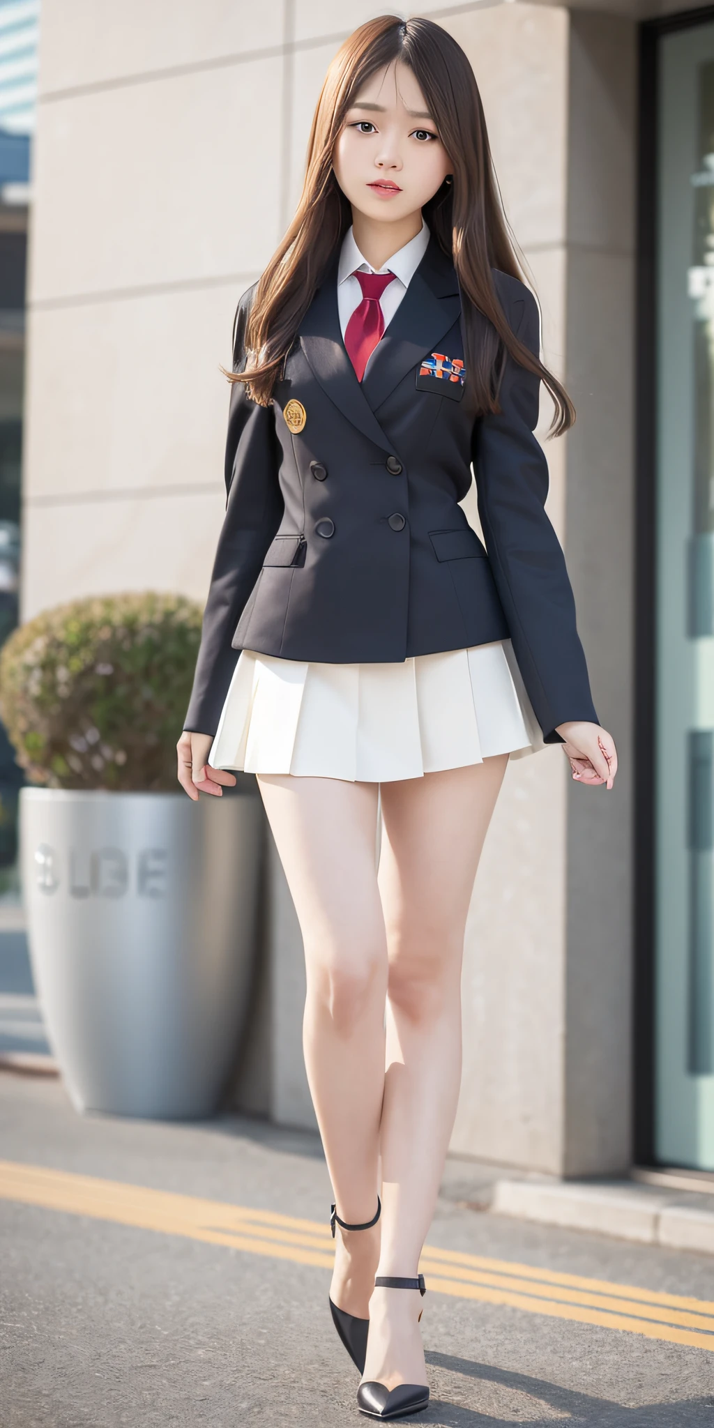 mix4, 20d, solo, long_hair, Nanase Nishino, Haruka Kaki, Cosplay, Uniform, high_heels,full_body, look_at_viewer, (8K, RAW photography, best quality, masterpiece:1.2), (Realistic, Photorealistic: 1.37), Professional Lighting, Photon mapping, Radiosity, Physically based rendering