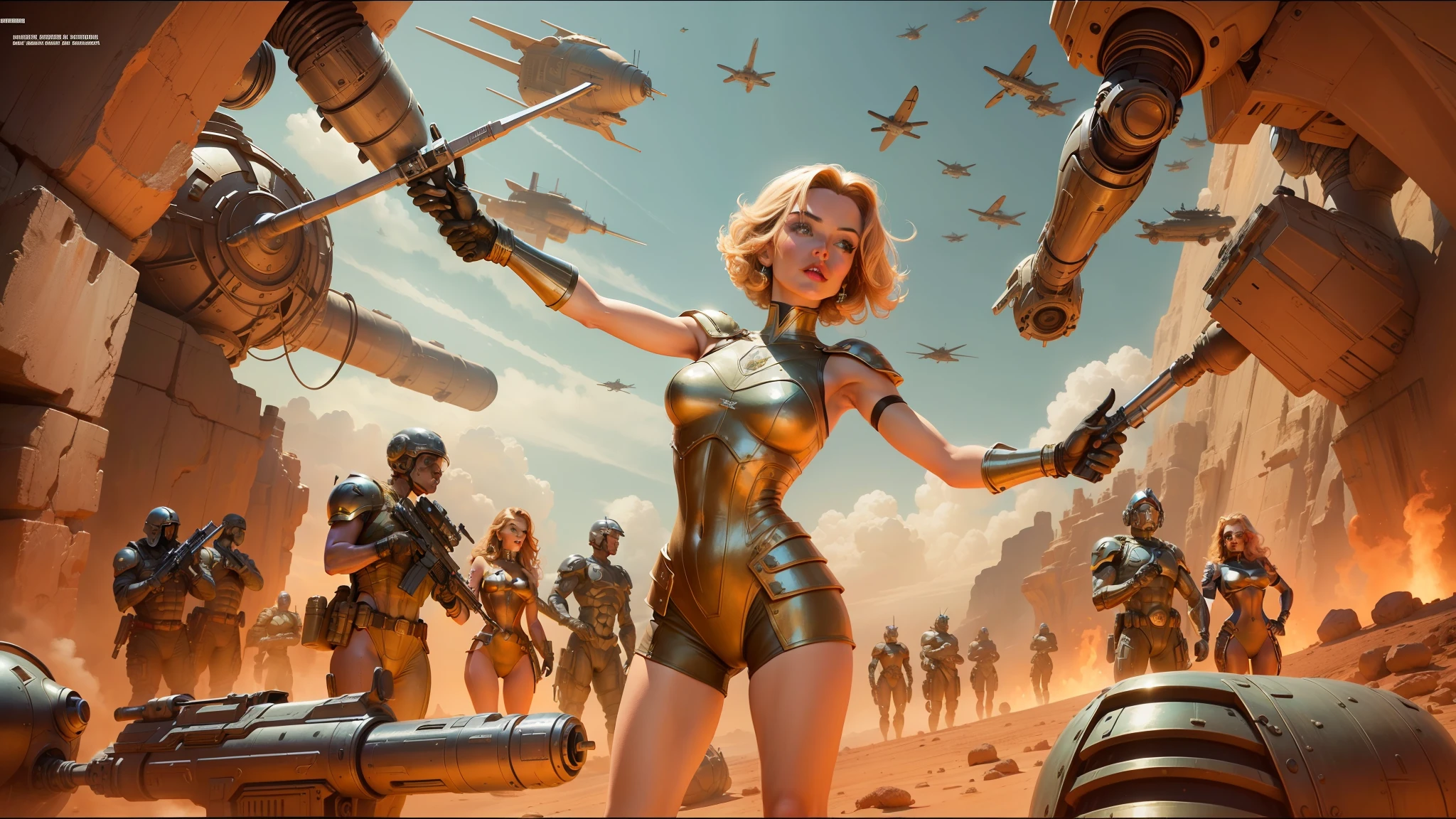 there is a woman in a sci - fio costume standing in front of a group of soldiers, greg hildebrandt highly detailed, mighty princess of the wasteland, kylie minogue as barbarella, youtube thumbnail, metalhead, mars invasion 2 0 3 3 - 2 0 4 2, by Jason A. Engle, cinemascope, ultra fine illustration