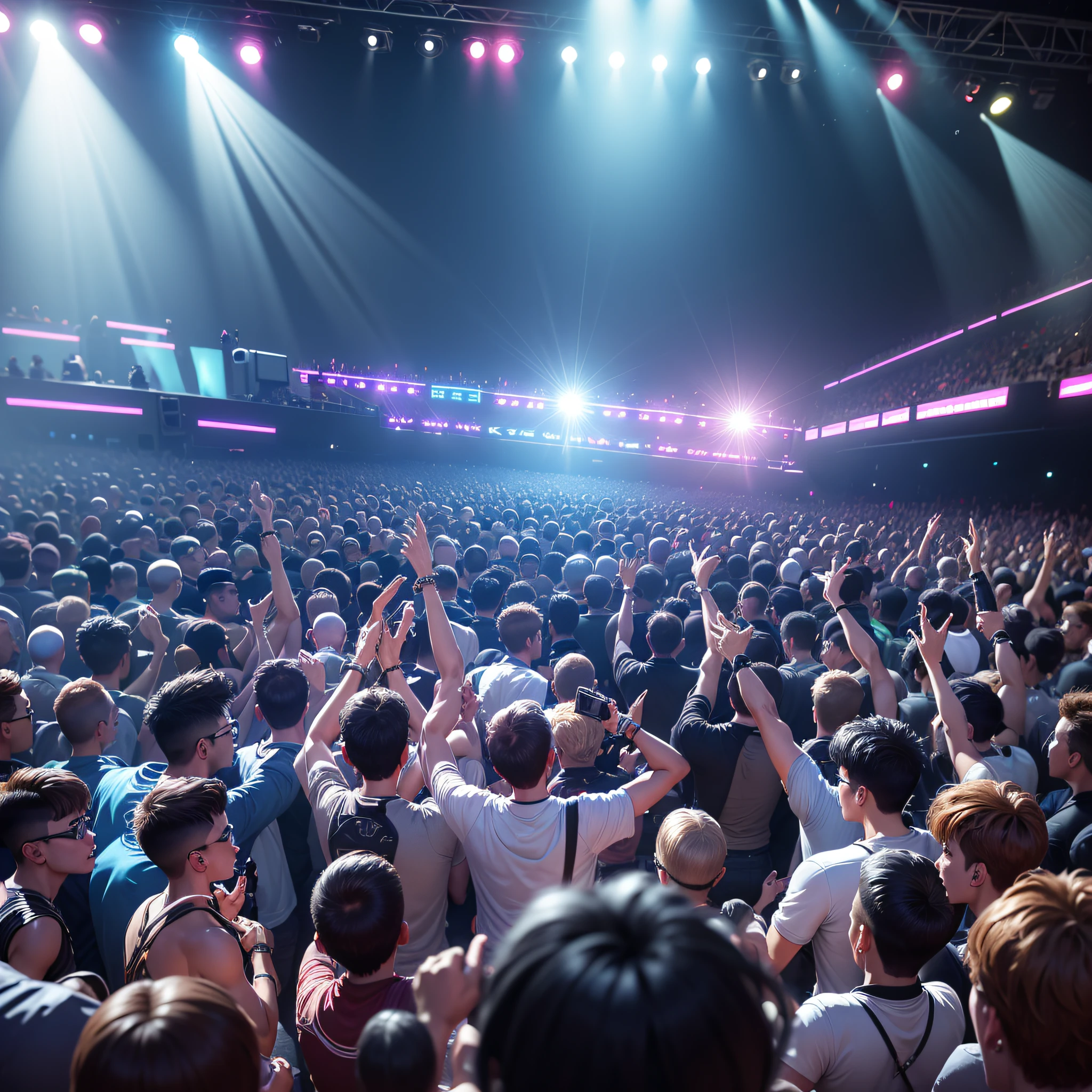 Many boys are dancing in unison, dressed in trendy clothes, cool style, dancing street dance on the cool stage, with huge stereos on both sides, spotlights above the stage, and TikTok wind with HIPHOP SWAG --auto --s2