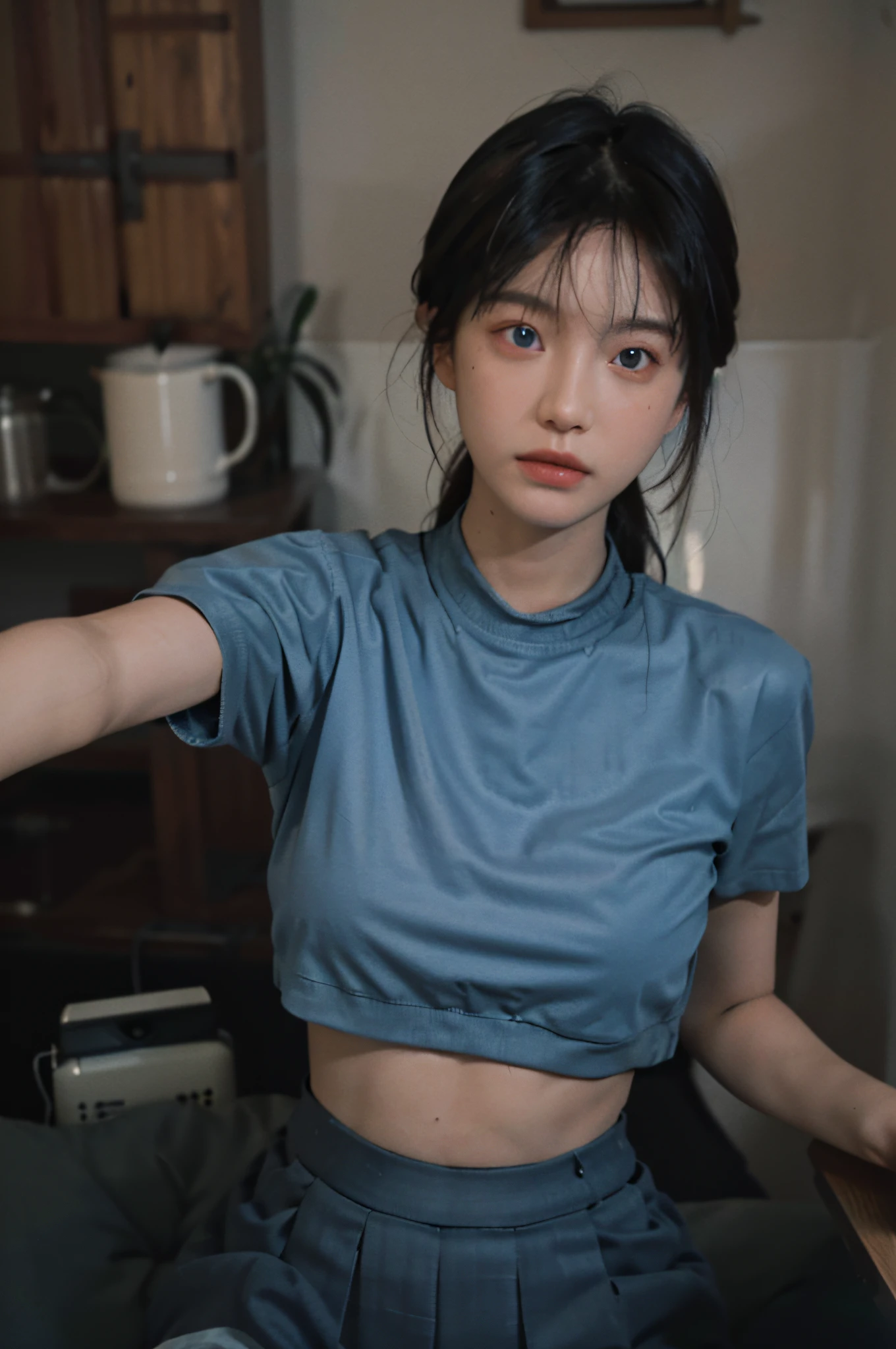 8K, Best Quality, Masterpiece, Ultra High Resolution, (Realism: 1.4), Original Photo, (True Skin Texture: 1.3), (Film Grain: 1.3), (Selfie Angle), 1 Girl, Crop Top with Crop Top, Short Skirt, Beautiful Blue Eyes and Face Details, Masterpiece, Best Quality, Close-up, Upper Body, Looking at the Viewer