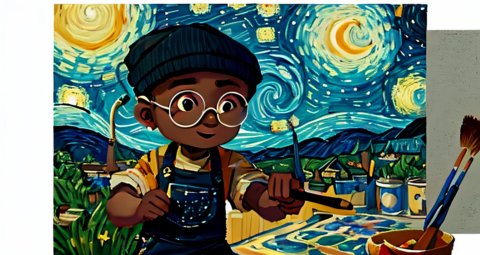 A black boy, round glasses, apron, painter, holding a brush, beanie, headphones, painting, happy, happy, perfect quality, clear focus (clutter - house: 0.8), (masterpiece: 1.2) (realistic: 1.2) (bokeh) (best quality) (detailed skin: 1.3) (intricate details) (8K) (detail eyes) (sharp focus), (happy), in the background Van Gogh's starry night, starry night painting, beautiful UHD art 4 k, Starry Night, by Van Gogh, Starry Night!!!!!!!!!!!!!!!!!!!!, painting by Van Gogh