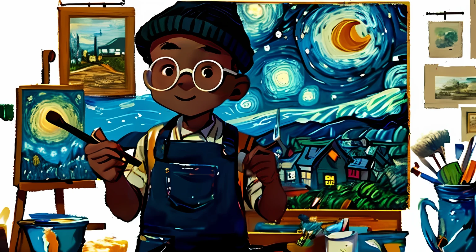 A black boy, round glasses, apron, painter, holding a brush, beanie, headphones, painting, happy, happy, perfect quality, clear focus (clutter - house: 0.8), (masterpiece: 1.2) (realistic: 1.2) (bokeh) (best quality) (detailed skin: 1.3) (intricate details) (8K) (detail eyes) (sharp focus), (happy), in the background Van Gogh's starry night, starry night painting, beautiful UHD art 4 k, Starry Night, by Van Gogh, Starry Night!!!!!!!!!!!!!!!!!!!!, painting by Van Gogh