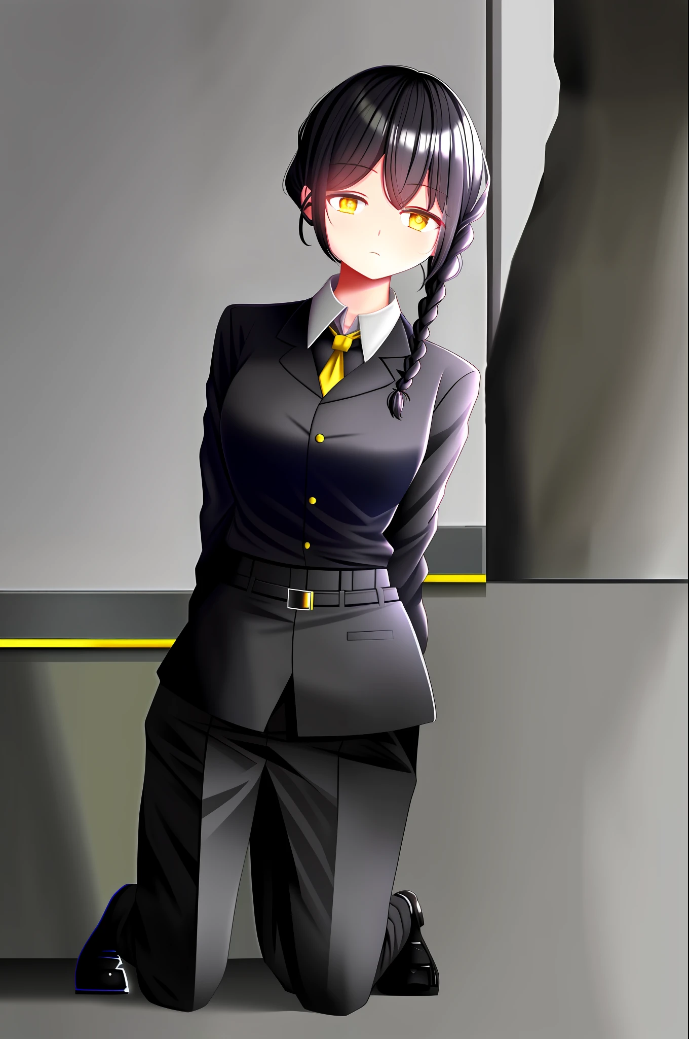 1girl,(corneo_makima:0.9), collared shirt, black necktie, black pants, shirt tucked in,single braid, yellow eyes, full body, solo focus, unbuttoned