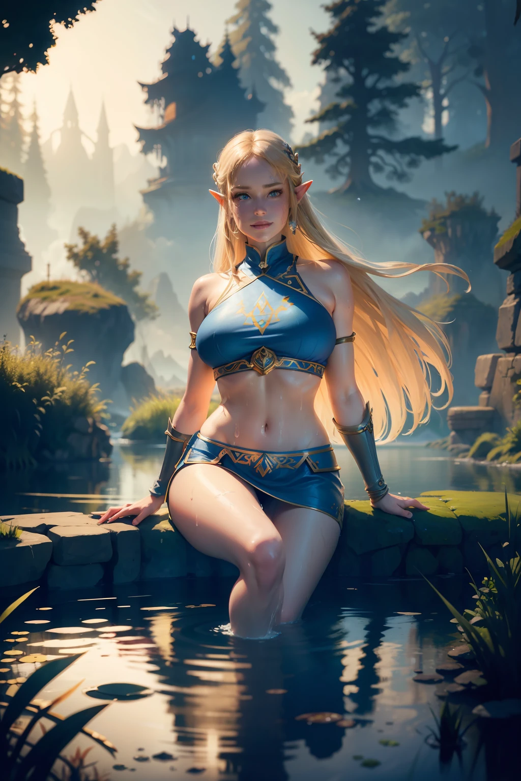 princess zelda, masterpiece, full body, 1girl, (solo:1.5), best quality, blue eyes, blonde hair, smile, large breasts, bangs, looking at viewer, smile, closed mouth, water drops, floating sweat, wet, drenched, lying in a pond, legs, apart, ultra detailed fantasy environment, [mountains:forest:0.3], hyper realism, 8k, clearly worked out detail, intricate, cinematic, masterpiece