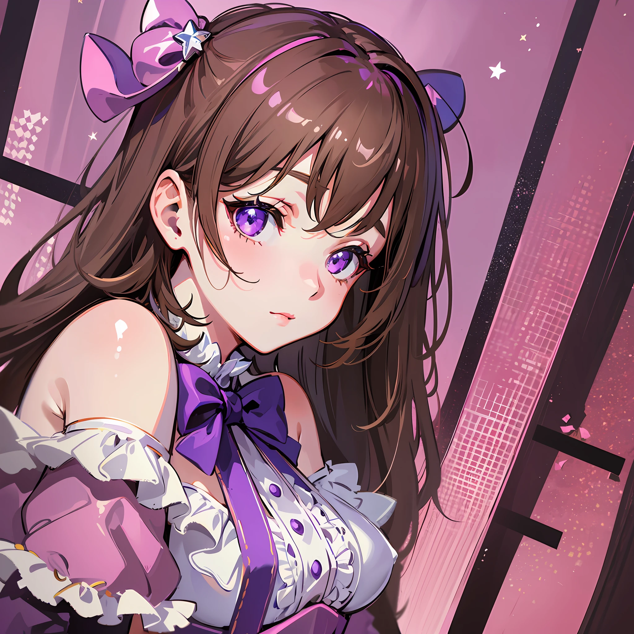 1 girl, 4K, masterpiece, light brown hair, pink dress, violet eyes, star accent, bow embellishment, high heels, upper body portraiture, face prominence, automatic adjustment, picture quality optimization --select_second_best