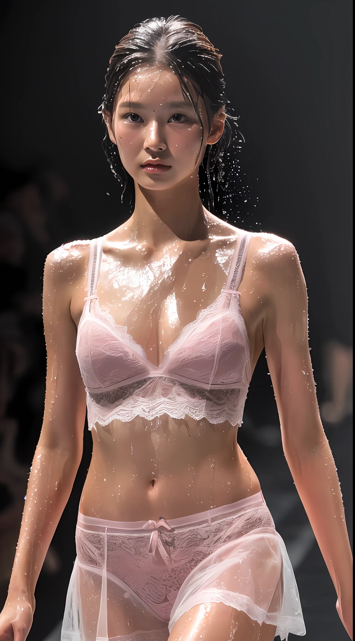 Top quality, masterpiece, ultra high resolution, supermodel, super beautiful face, pure body, no makeup, pores clearly visible, pink lingerie, small, catwalk pose, (realism: 1.8), original photo, wet body, covered with sweat, bare shoulders, in the dark, deep shadow, inconspicuous, cold light