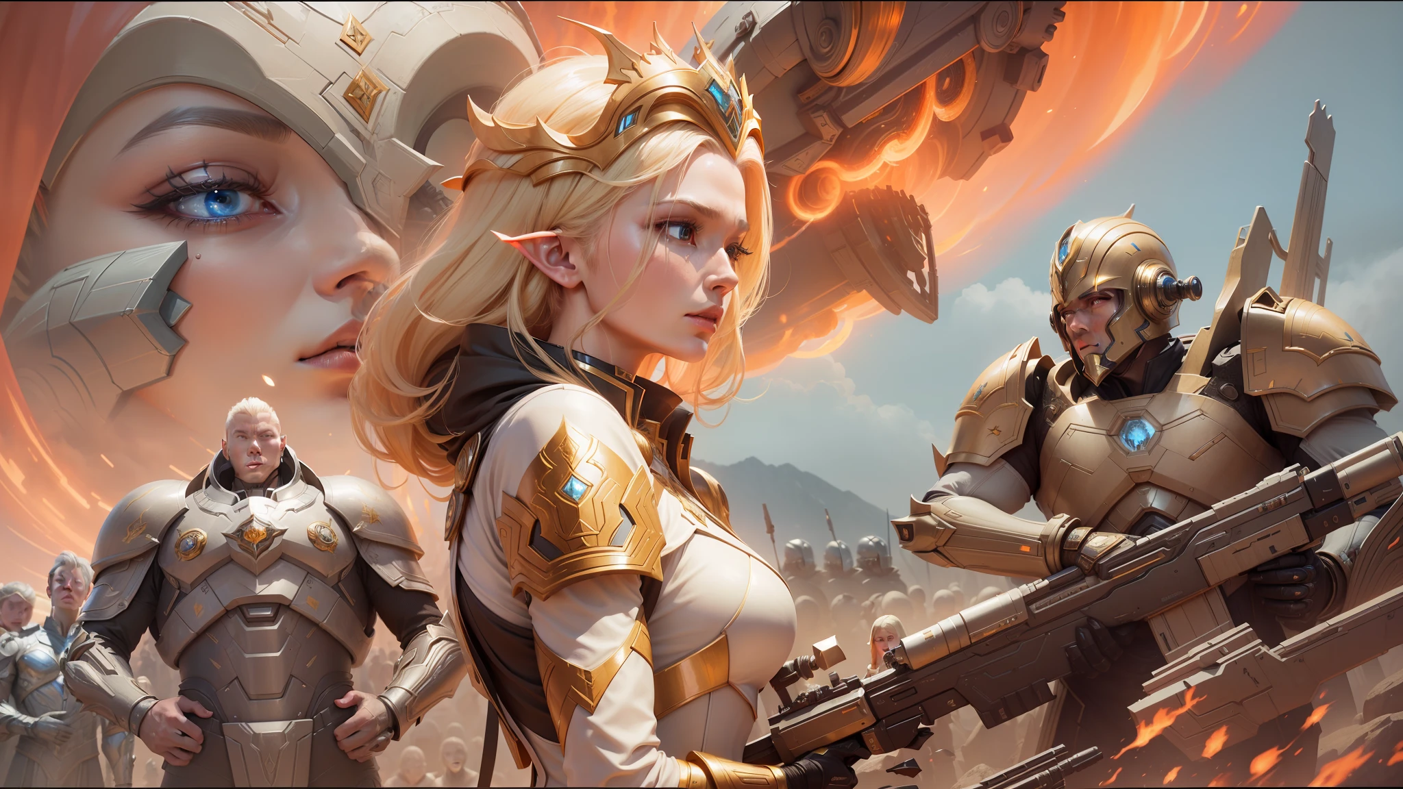 a woman in a futuristic suit stands in front of a line of soldiers, blonde elvish empress, highly detailed vfx, justin sun, protagonist in foreground, artificial consciousness, award - winning epic painting, protoss, futuristic hairstyle, sexy movie photo, albino dwarf, korean mmo, religious imagery