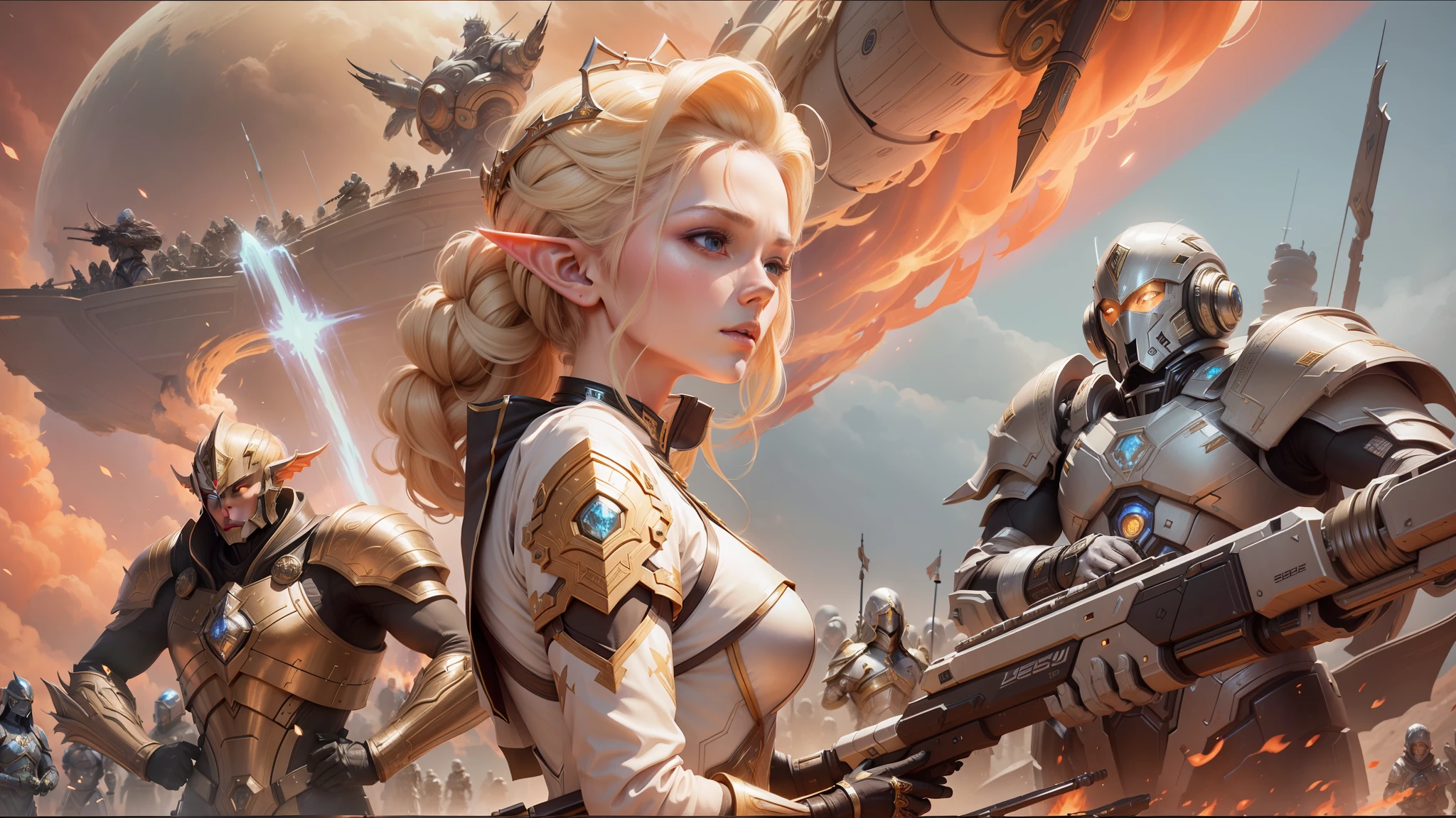 a woman in a futuristic suit stands in front of a line of soldiers, blonde elvish empress, highly detailed vfx, justin sun, protagonist in foreground, artificial consciousness, award - winning epic painting, protoss, futuristic hairstyle, sexy movie photo, albino dwarf, korean mmo, religious imagery