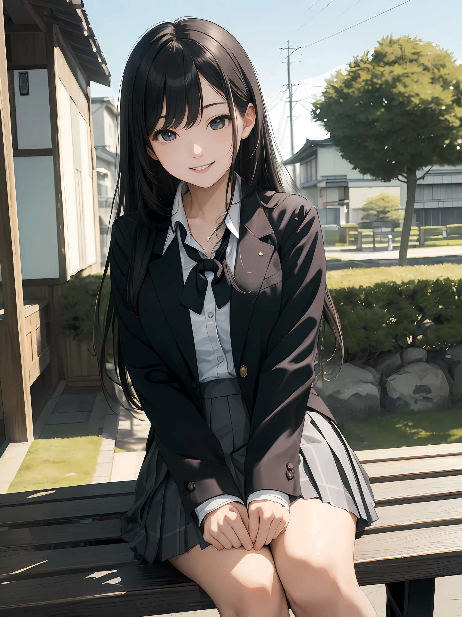 (((Masterpiece, Best Quality, High Definition, High Detail)))), ((Modern Japan)), Alone, (Schoolgirl sitting on the bench)), ((Big))))), long black hair, Blazer, Unbuttoned blouse, Lace bra, Gray pleated skirt, Blue sky, (strong wind), smile