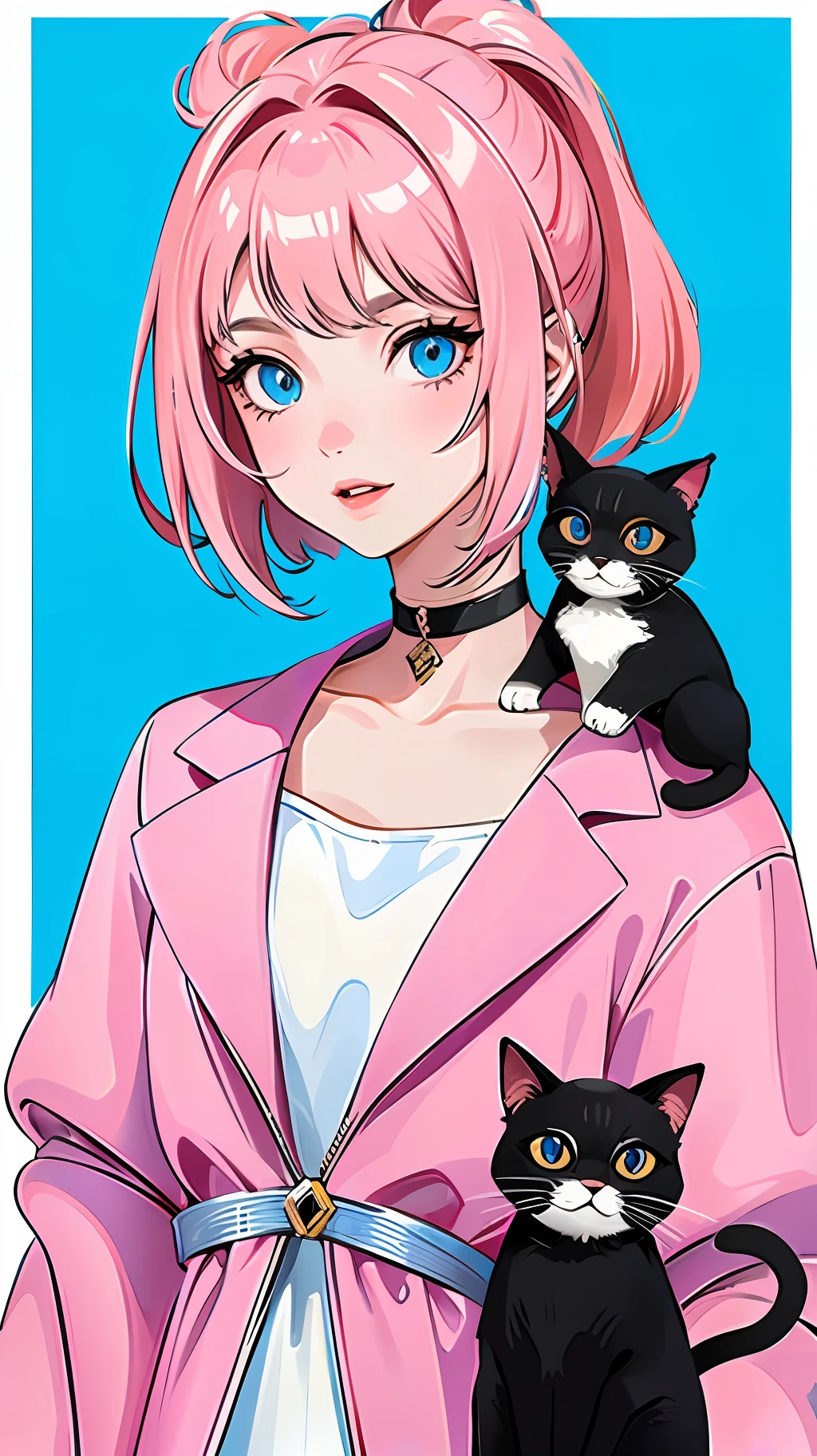 Girl with cat, black cat, pink hair blue eyes, avatar