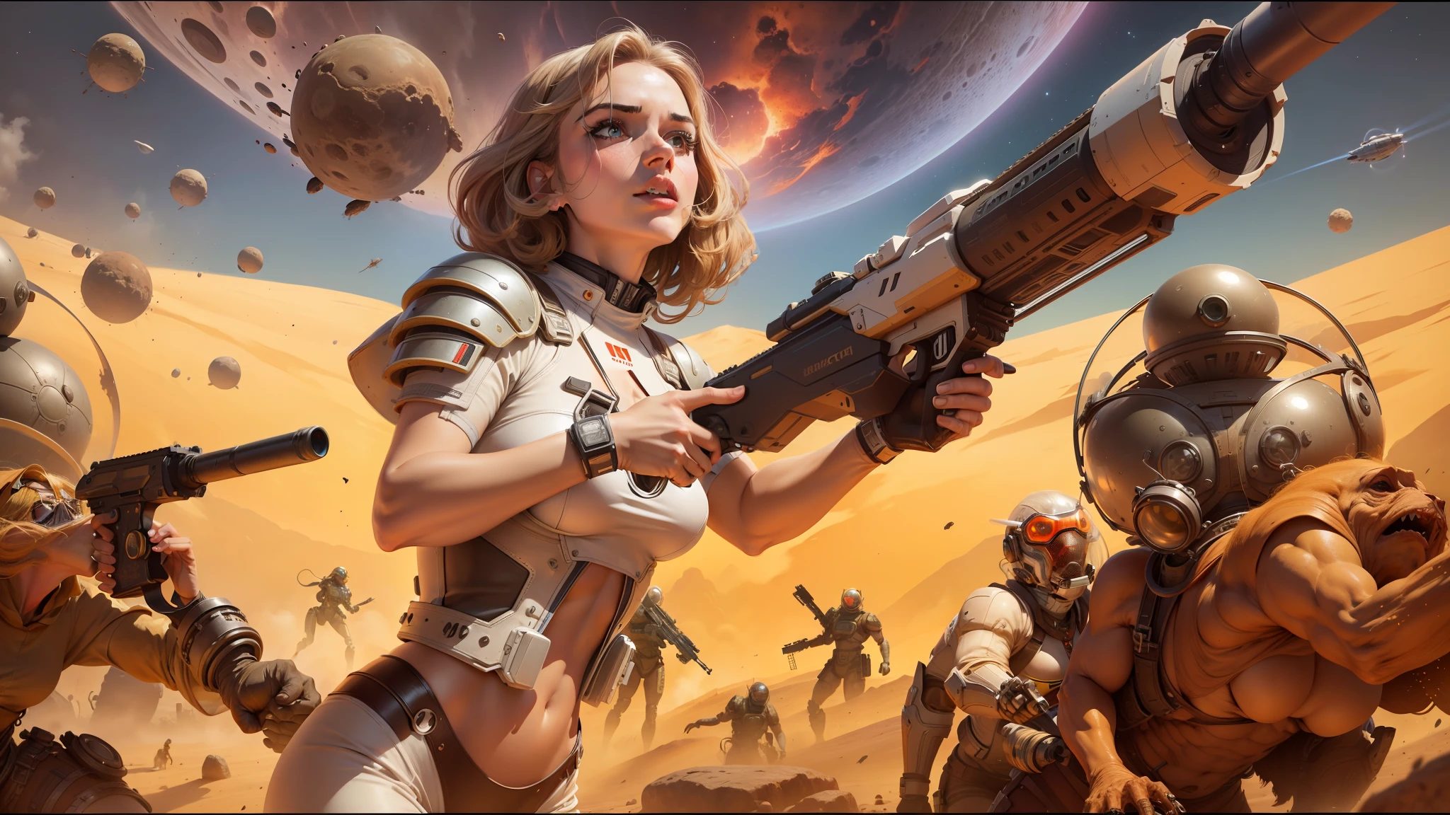 a close up of a woman holding a gun in front of a bunch of zombies, 7 0 s science fiction art, mars one mission, pulp art, panoramic widescreen view, heavy brown metallic armor, promotional render, exploding planet in background, width 1 0 2 4, anamorphic widescreen, futuristic female beekeeper, atomic stars, basil wolverton, futuristic white-space-bikini