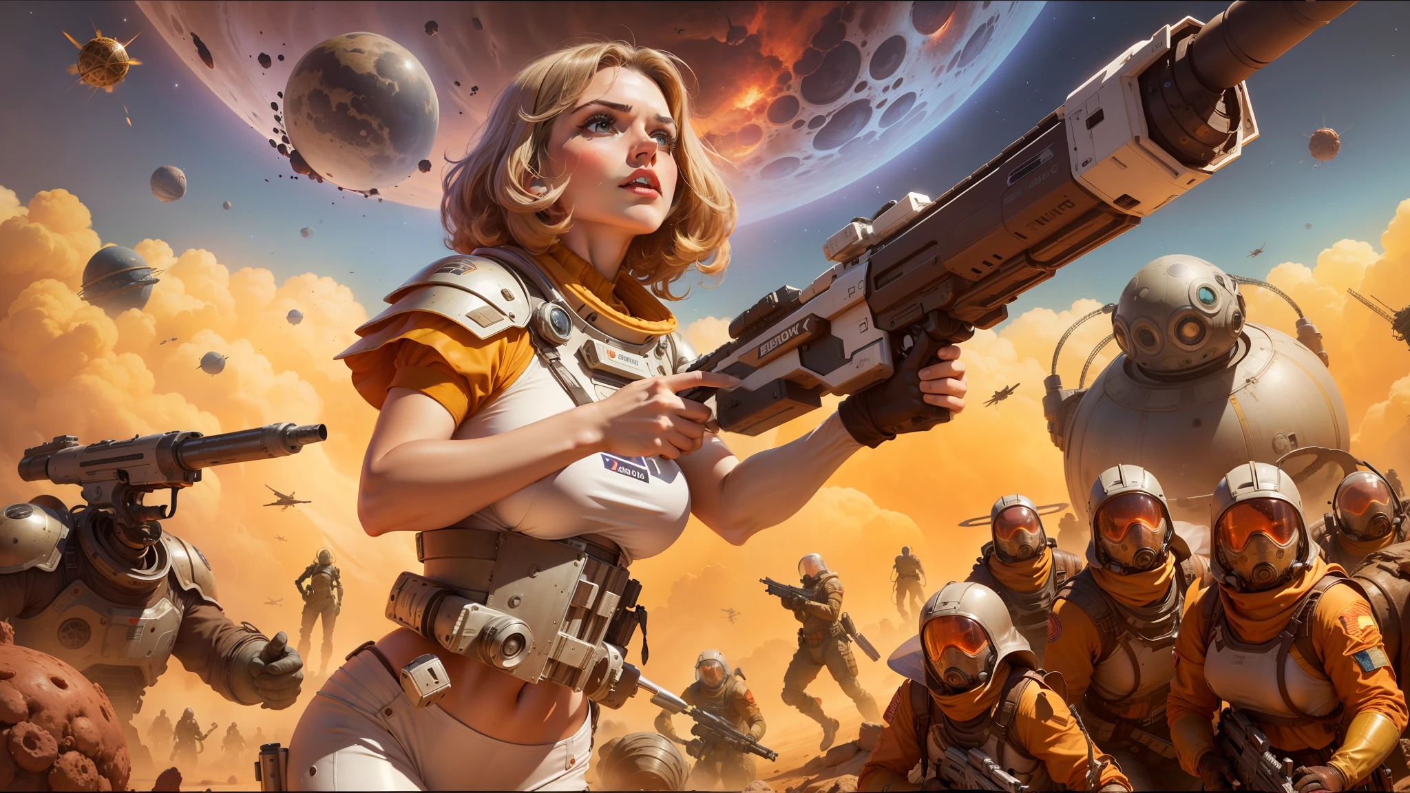 a close up of a woman holding a gun in front of a bunch of zombies, 7 0 s science fiction art, mars one mission, pulp art, panoramic widescreen view, heavy brown metallic armor, promotional render, exploding planet in background, width 1 0 2 4, anamorphic widescreen, futuristic female beekeeper, atomic stars, basil wolverton, futuristic white-space-bikini