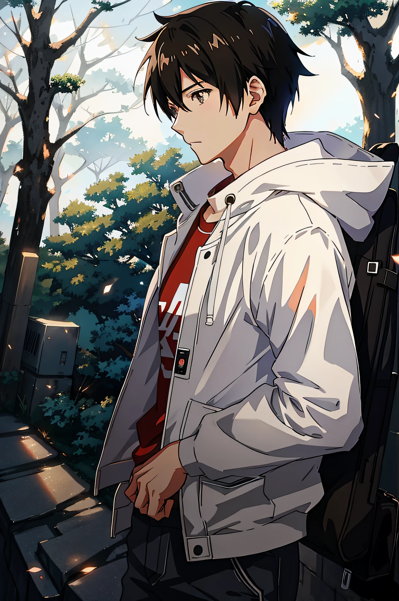 anime character walking in a forest, [(white background: 1.5),::5],high quality anime art, white coat with big white hoodie, brown eyes, black hair, thin, few muscles, red and black t-shirt, moving, torn pants, expression of despair, young anime man, makoto shinkai (apex legends), moe artstyle anime, detailed digital anime art,  Guweiz style art, digital anime illustration, kawacy, makoto shinkai art style, makoto shinkai style, official art, cute anime pose, profile, distant vision