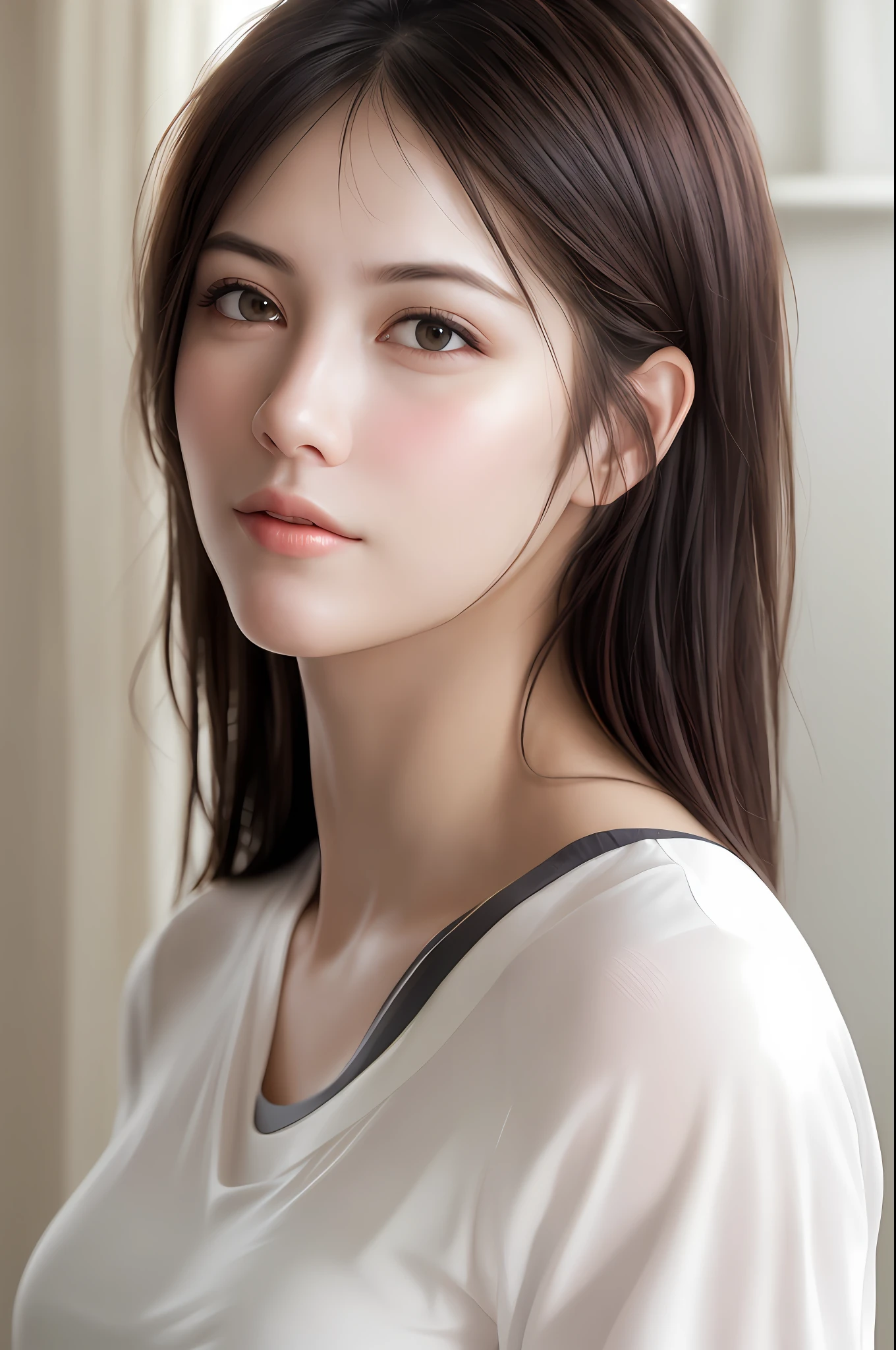 dressed, (photo realistic:1.4), (hyper realistic:1.4), (realistic:1.3),
(smoother lighting:1.05), (increase cinematic lighting quality:0.9), 32K,
1girl,20yo girl, realistic lighting, backlighting, light on face, ray trace, (brightening light:1.2), (Increase quality:1.4),
(best quality real texture skin:1.4), finely detailed eyes, finely detailed face, finely quality eyes,
(joy, blush), (tired and sleepy and satisfied), face closeup, t-shirts,
(Increase body line mood:1.1), (Increase skin texture beauty:1.1)