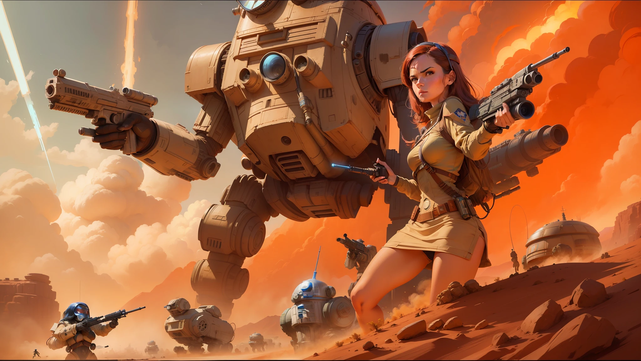there is a woman holding a gun and a robot in the background, ralph mcquarrie. centered image, by Tim Doyle, wlop art, r 2 d 2, desert valley of bones, miyazaki's animated film, cinematic , - h 7 6 8, large scale battle, pulp comic style, french bob, ripley, digital art widescreen 8 k