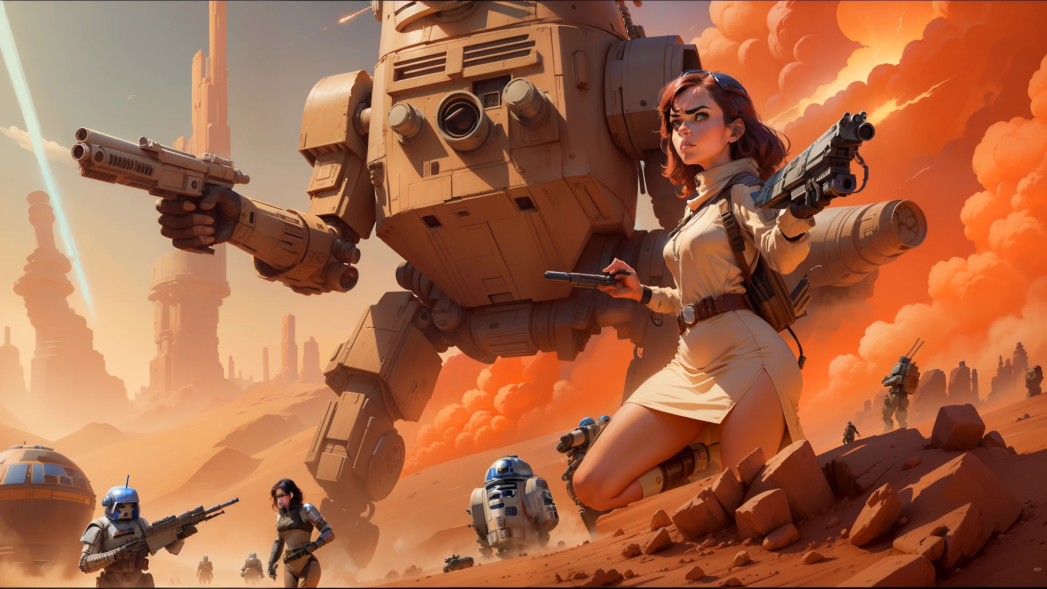 there is a woman holding a gun and a robot in the background, ralph mcquarrie. centered image, by Tim Doyle, wlop art, r 2 d 2, desert valley of bones, miyazaki's animated film, cinematic , - h 7 6 8, large scale battle, pulp comic style, french bob, ripley, digital art widescreen 8 k