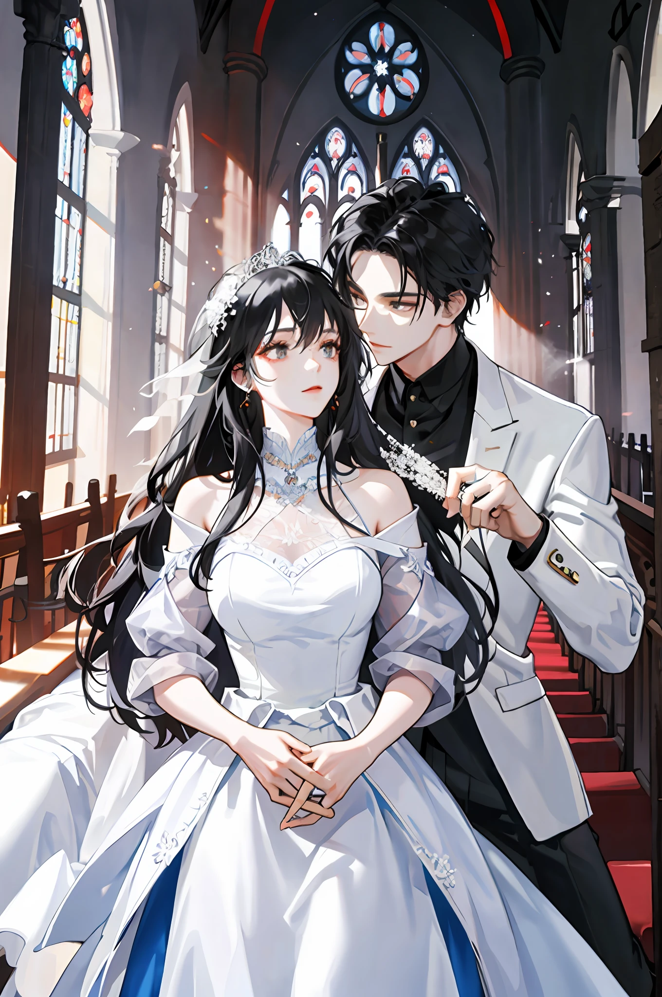 Two people all over, church, white wedding dress, beautiful hair, handsome man, gorgeous woman, black long hair woman, two exchange rings, detailed, 4k, elegant, good-looking