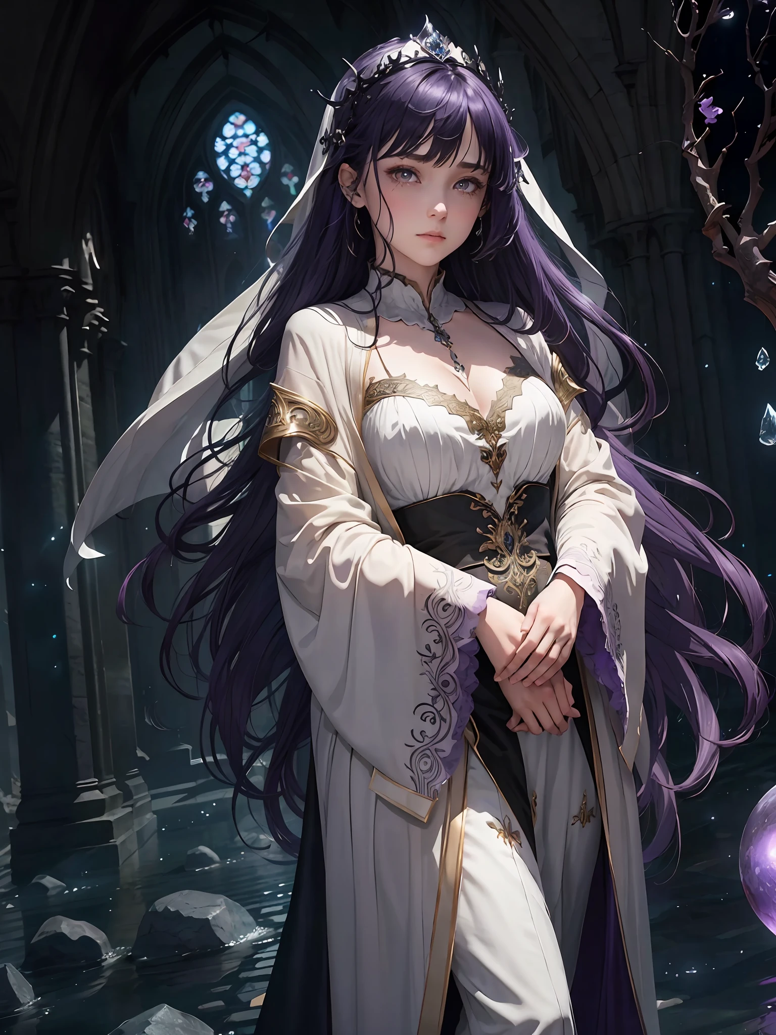(extremely detailed CG unity 8k wallpaper,masterpiece, best quality, ultra-detailed), (best illumination, best shadow, an extremely delicate and beautiful), flowing tears, dark fantasy, dream-like atmosphere, twisted trees, (3 figures: 1 male, 2 female), (black hair:1.3+white hair:1.2+purple hair), long robes, ornate headdresses, glowing eyes, soulful expressions, gothic architecture, floating stones, moonlit sky.