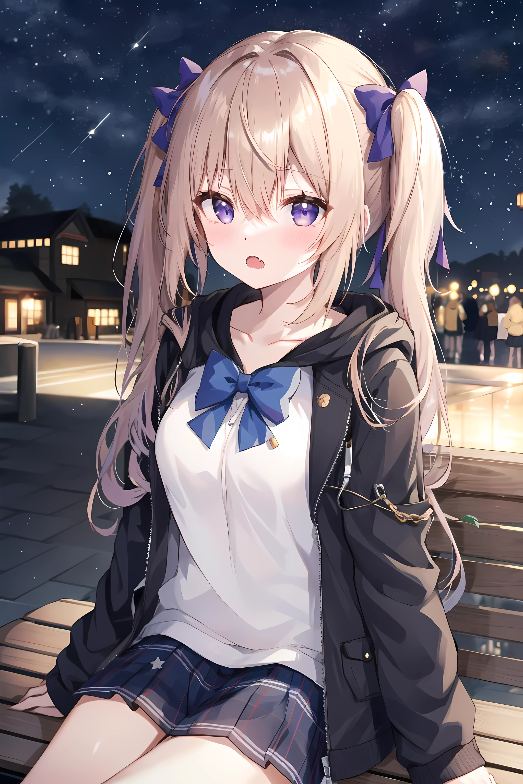 1girl, purple eyes, blush, long hair, twintails, solo focus, brown hair, bow, bangs, hair between eyes, blue bow, nose blush, light blush, :o, fang, very long hair, breasts, blonde hair, fangs, outdoor, night, street, starry sky, bench, sitting
, hooded jacket, casual,dark night ,night sky, arm hug, open jacket, pleated skirt,