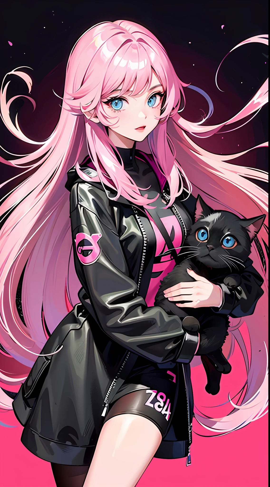 Girl with cat, black cat, pink hair blue eyes, avatar