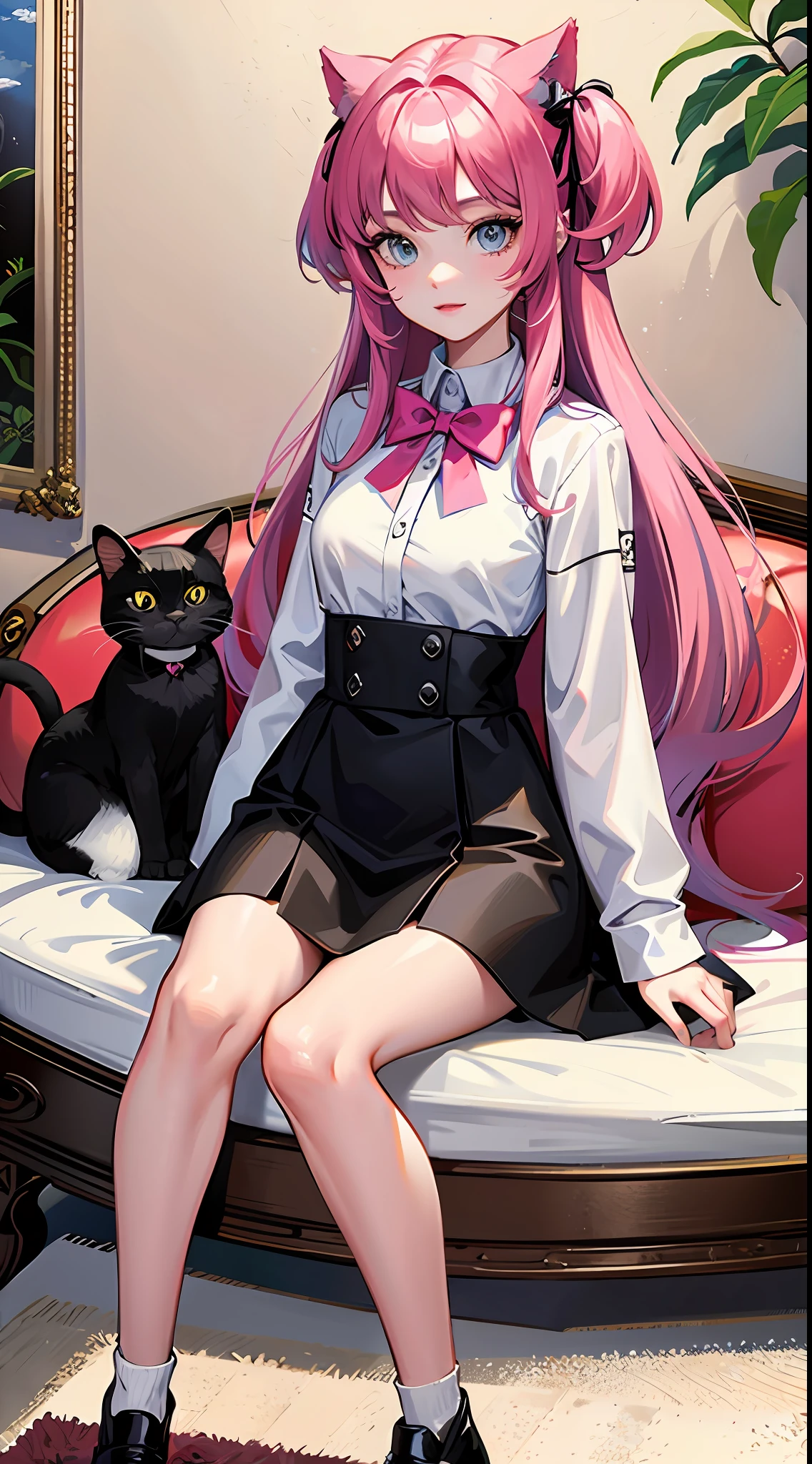 Girl with cat, black cat, pink hair blue eyes, avatar