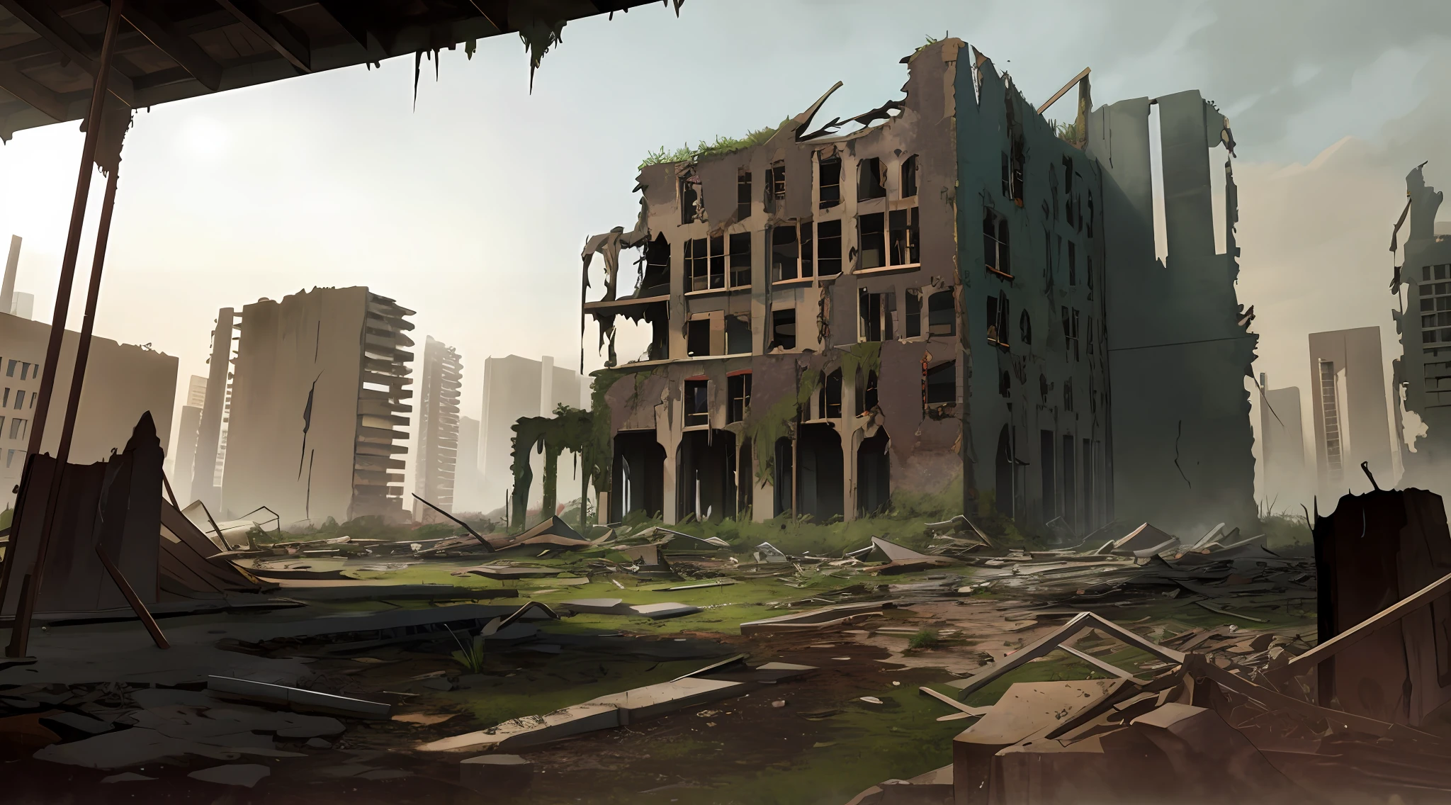 Landscape, Landscape, No Man, Architecture, Wide Angle Lens, Semi-Realism, Masterpiece, Ultra Detail, Absurd, Dynamic Lighting, Post-Apocalypse, Collapse, Dusty, Overgrown, Asphalt, Ruins