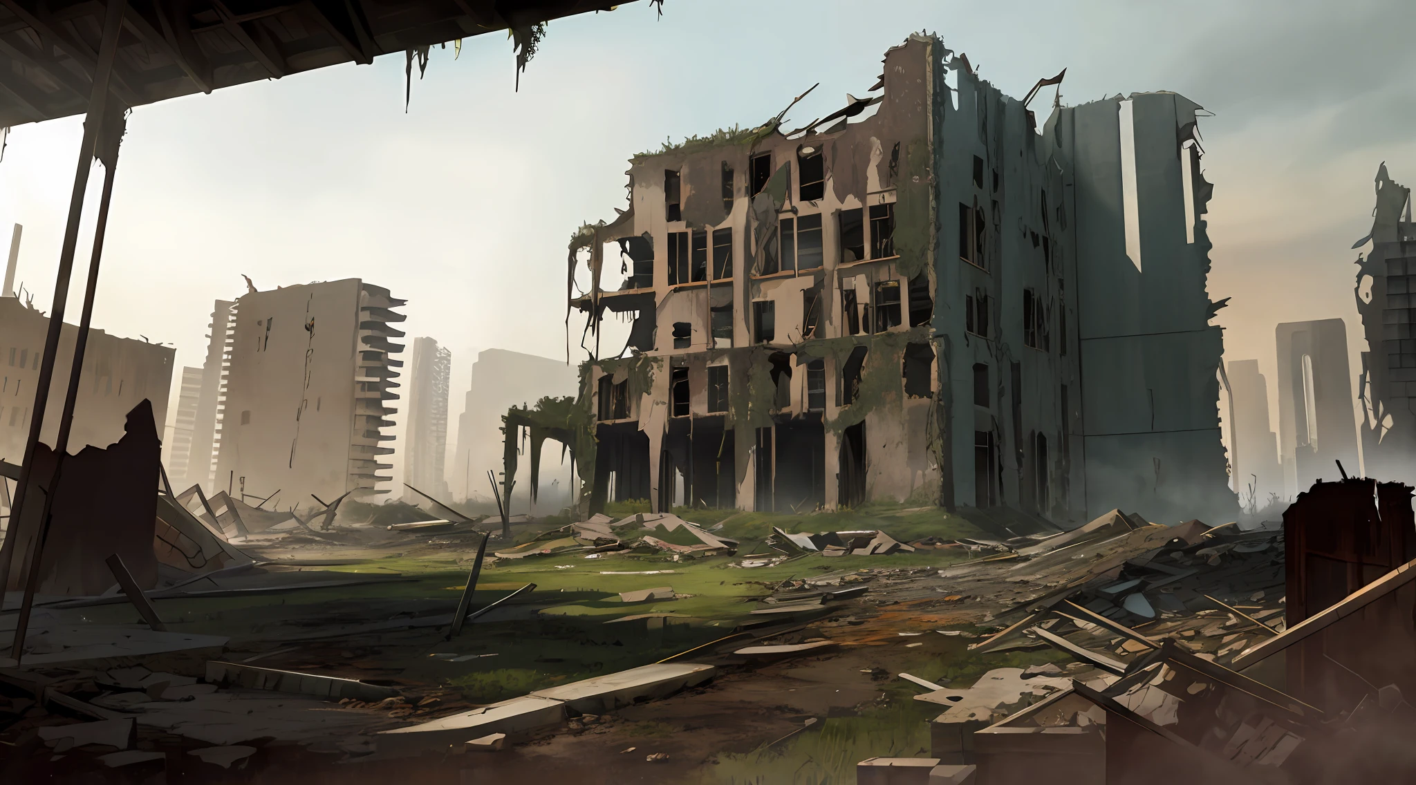 Landscape, Landscape, No Man, Architecture, Wide Angle Lens, Semi-Realism, Masterpiece, Ultra Detail, Absurd, Dynamic Lighting, Post-Apocalypse, Collapse, Dusty, Overgrown, Asphalt, Ruins