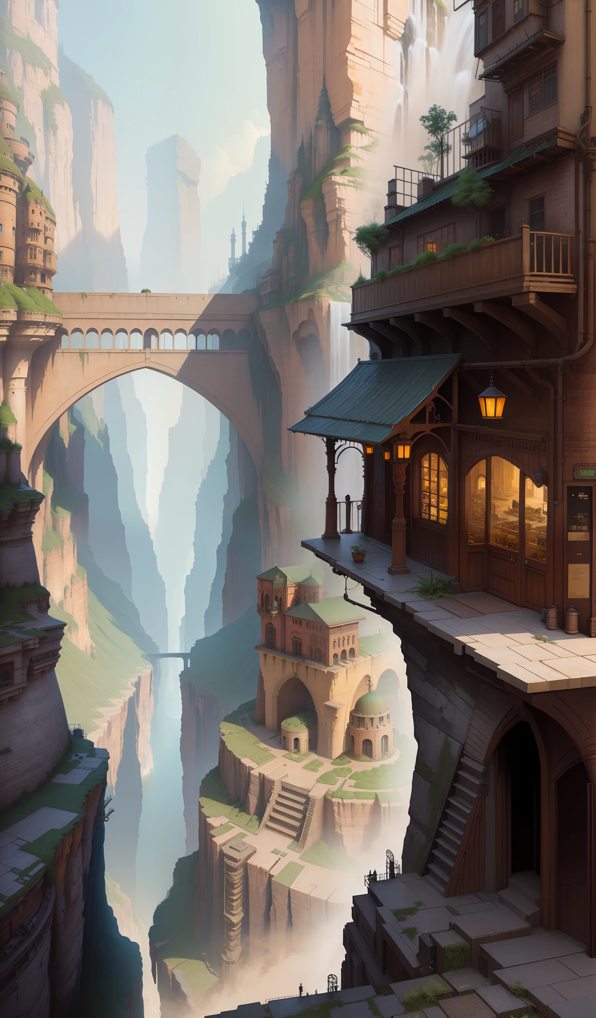 ((masterpiece)),((best quality)),((high detial)),((realistic,)) Industrial age city, deep canyons in the middle, architectural streets, bazaars, Bridges, rainy days, steampunk, European architecture